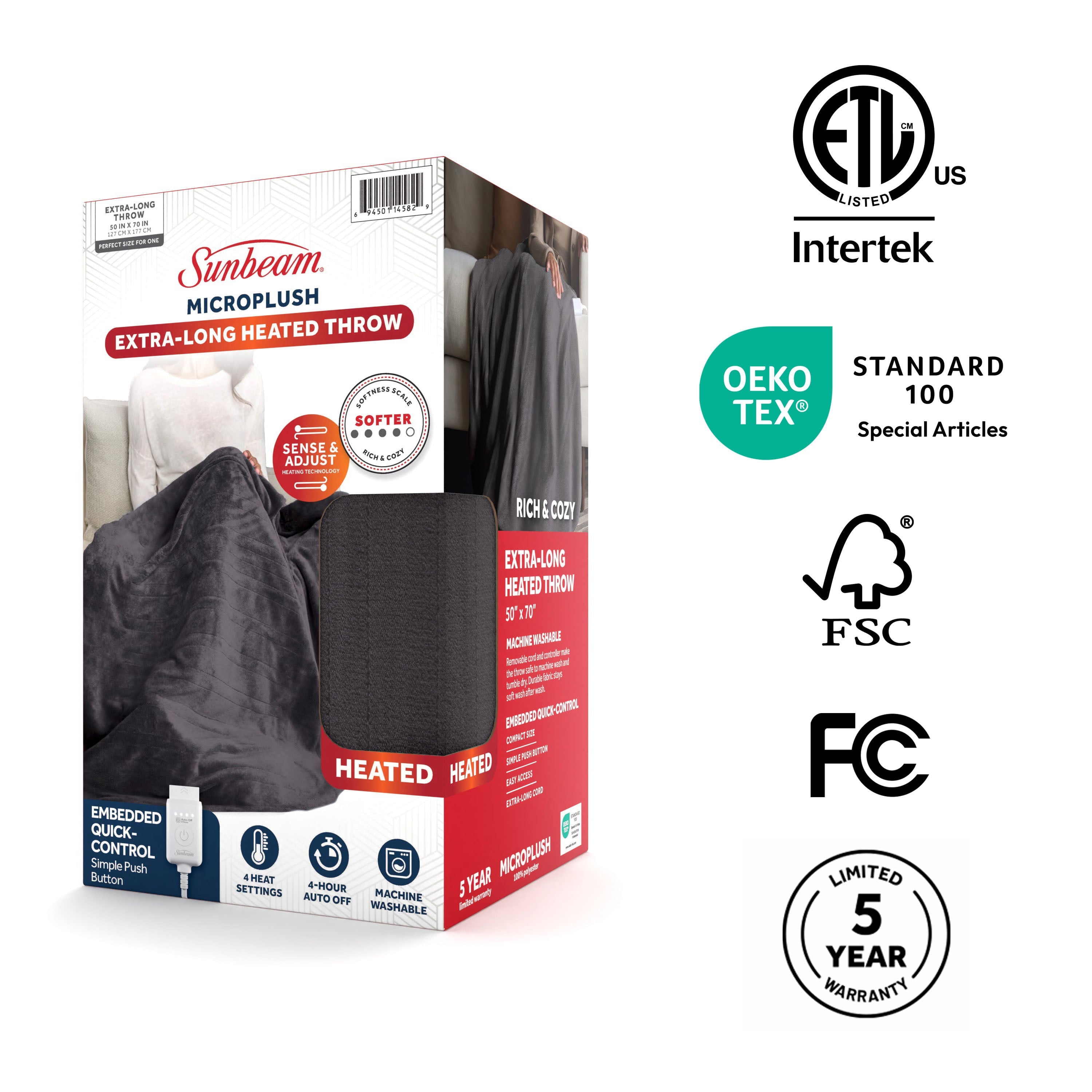 Sunbeam Heated Greystone Throw Blanket Microplush 4 Heat Settings 50x70