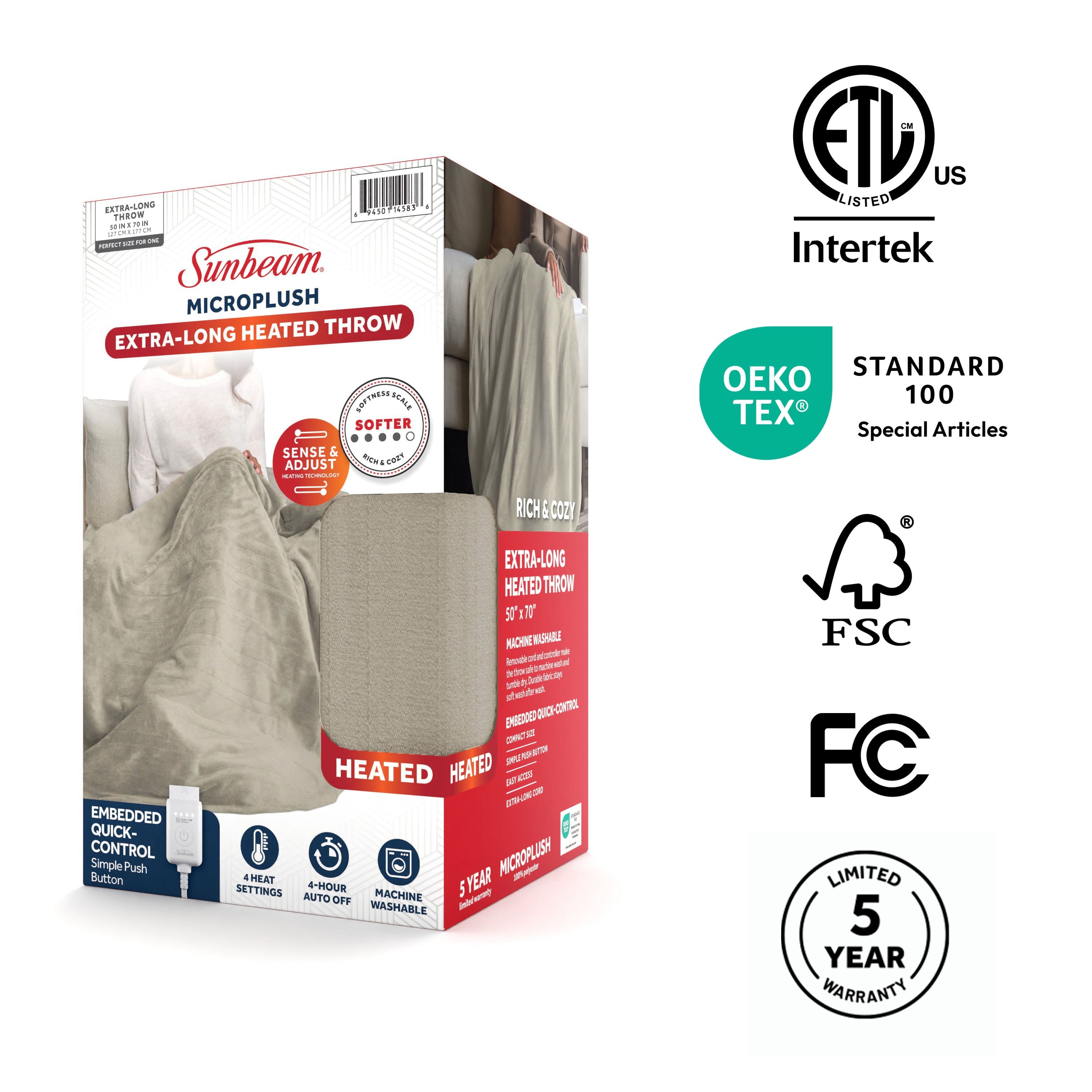 Sunbeam Heated Light Gray Throw Blanket Microplush 4 Heat Settings 50x70