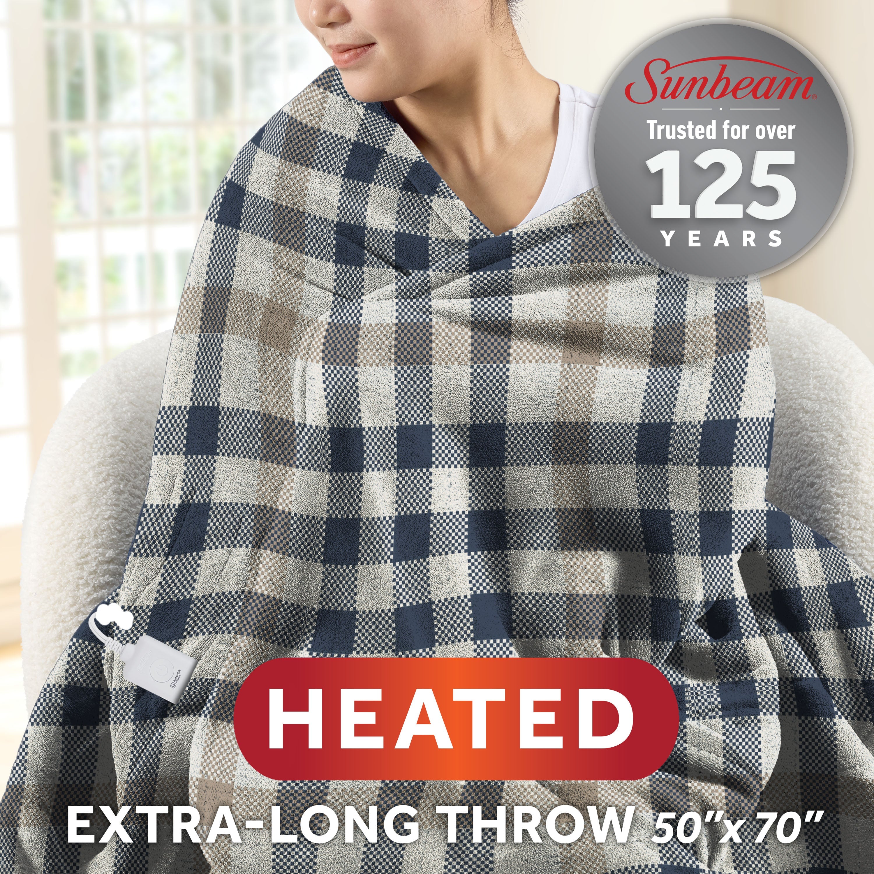Sunbeam Heated Balmoral Blue Throw Blanket Microplush 4 Heat Settings 50x70