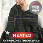 Sunbeam Heated Vintage Plaid Green Throw Microplush 4 Heat Settings 50x70