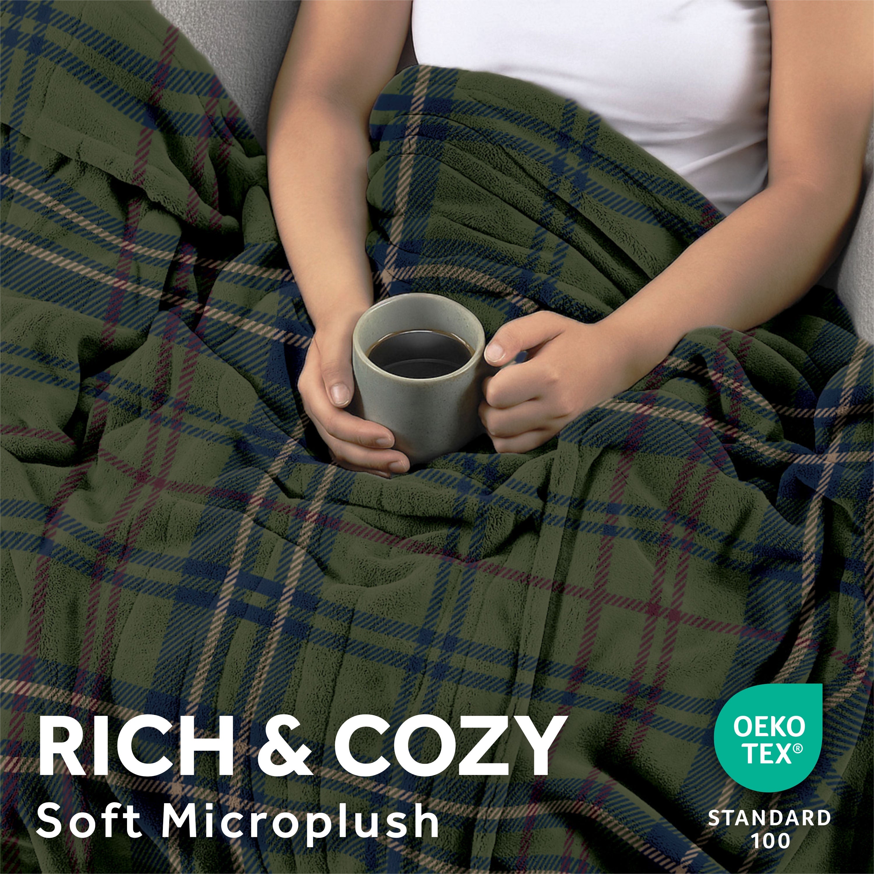 Sunbeam Heated Vintage Plaid Green Throw Microplush 4 Heat Settings 50x70