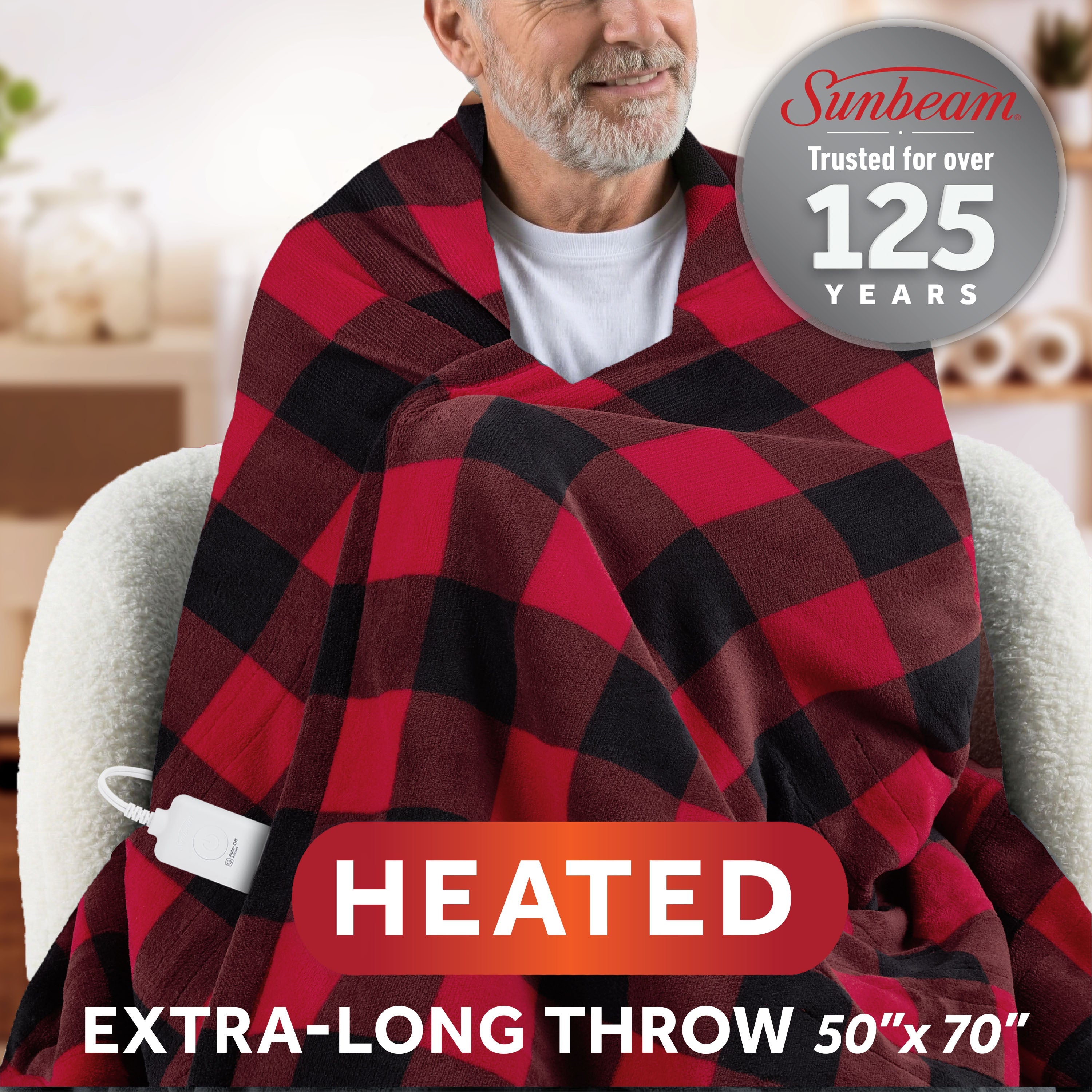 Sunbeam Heated Red Black Buffalo Throw Blanket Microplush Faux Shearling 4 Heat 50x70