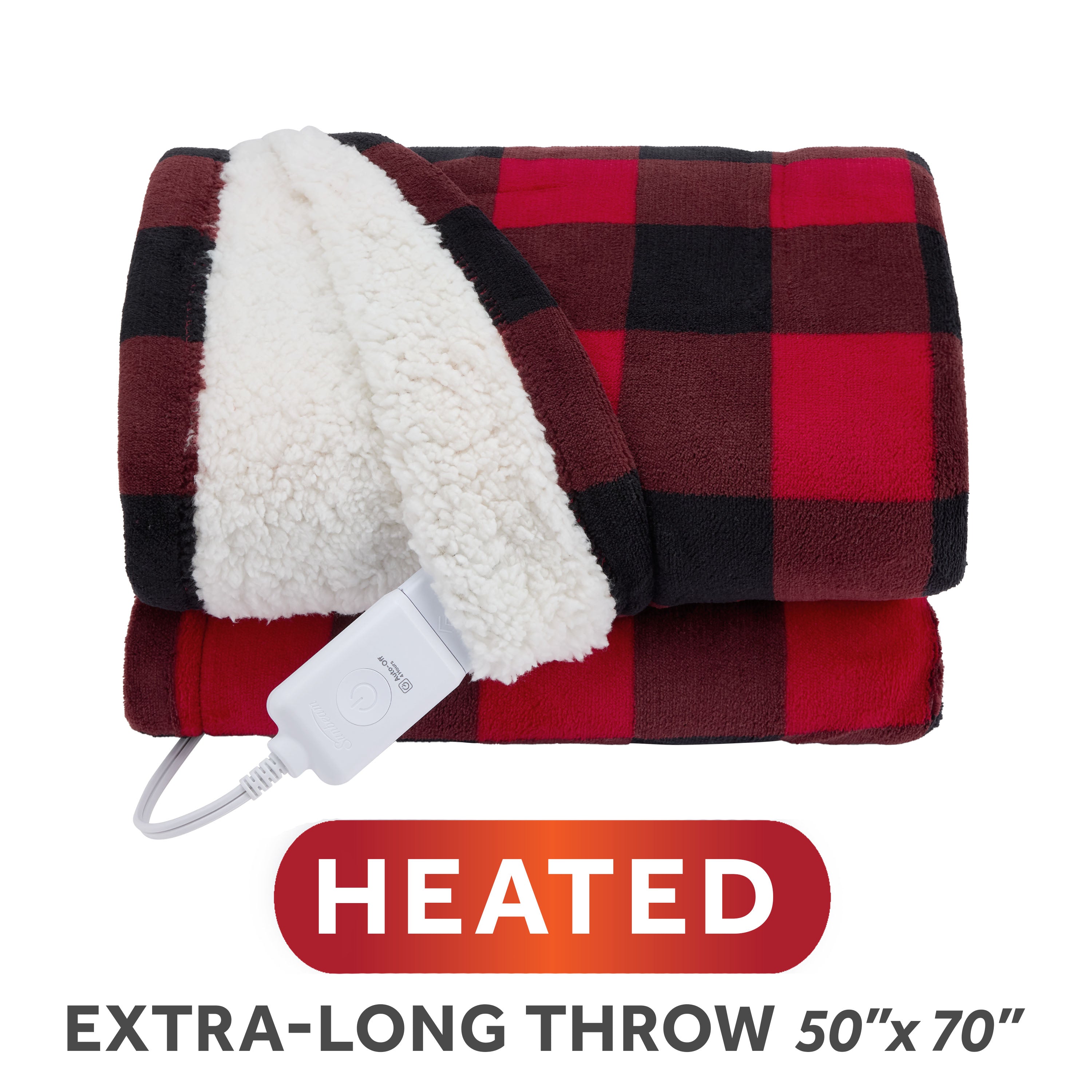 Sunbeam Heated Red Black Buffalo Throw Blanket Microplush Faux Shearling 4 Heat 50x70