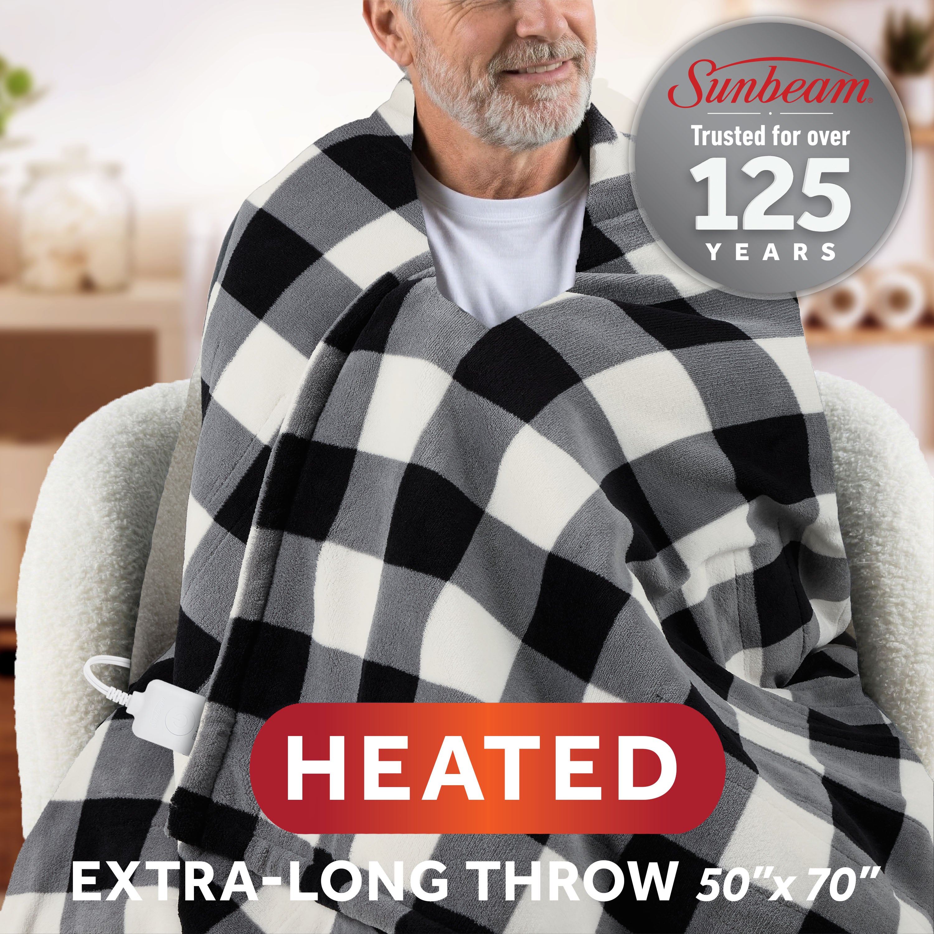Sunbeam Heated Black Buffalo Throw Blanket Microplush Faux Shearling 4 Heat 50x70