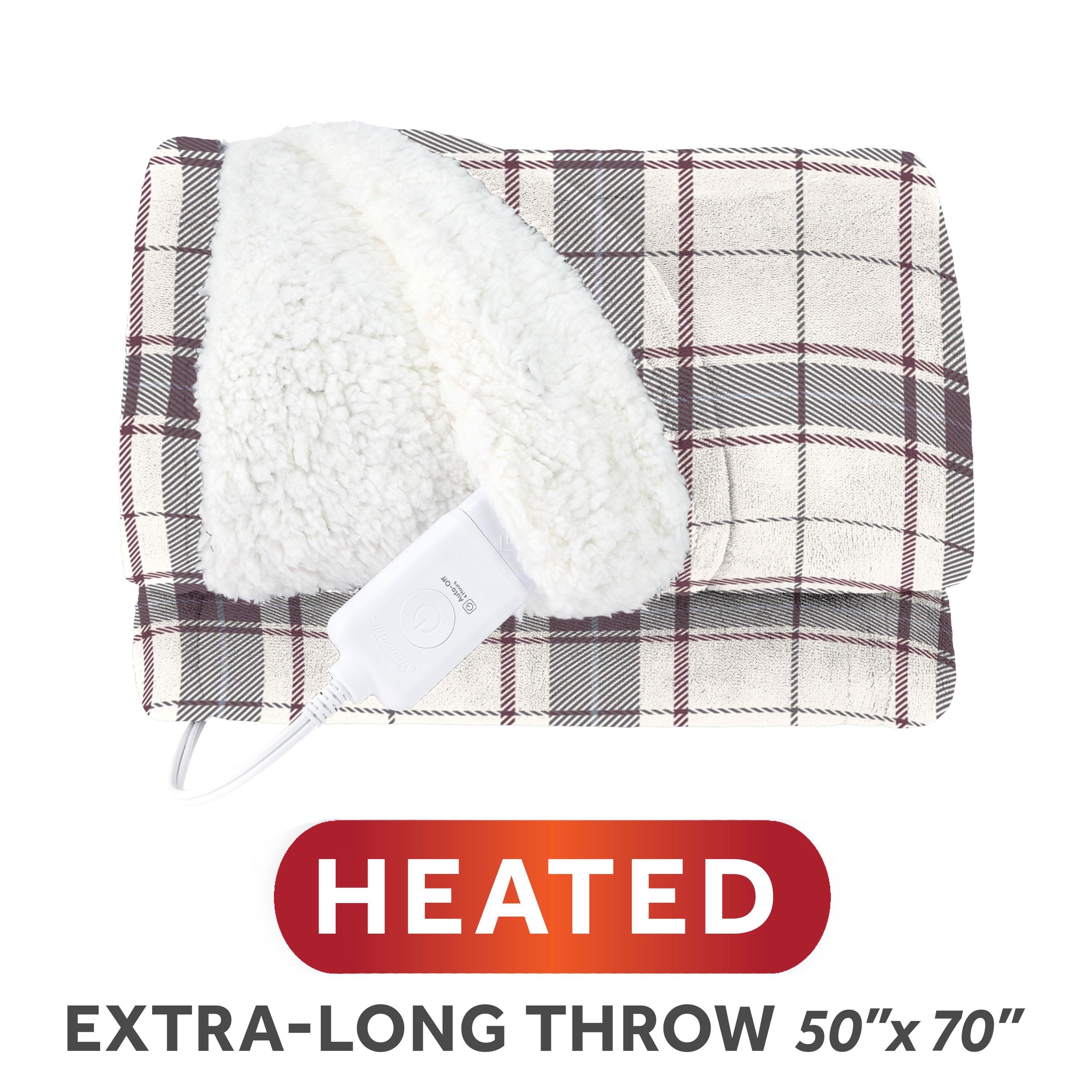 Sunbeam Heated Burgundy Plaid Throw Blanket Microplush Faux Shearling 4 Heat 50x70