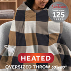 Sunbeam Heated Buffalo Tan Throw Blanket Oversized Microplush 4 Heat Settings 60x80