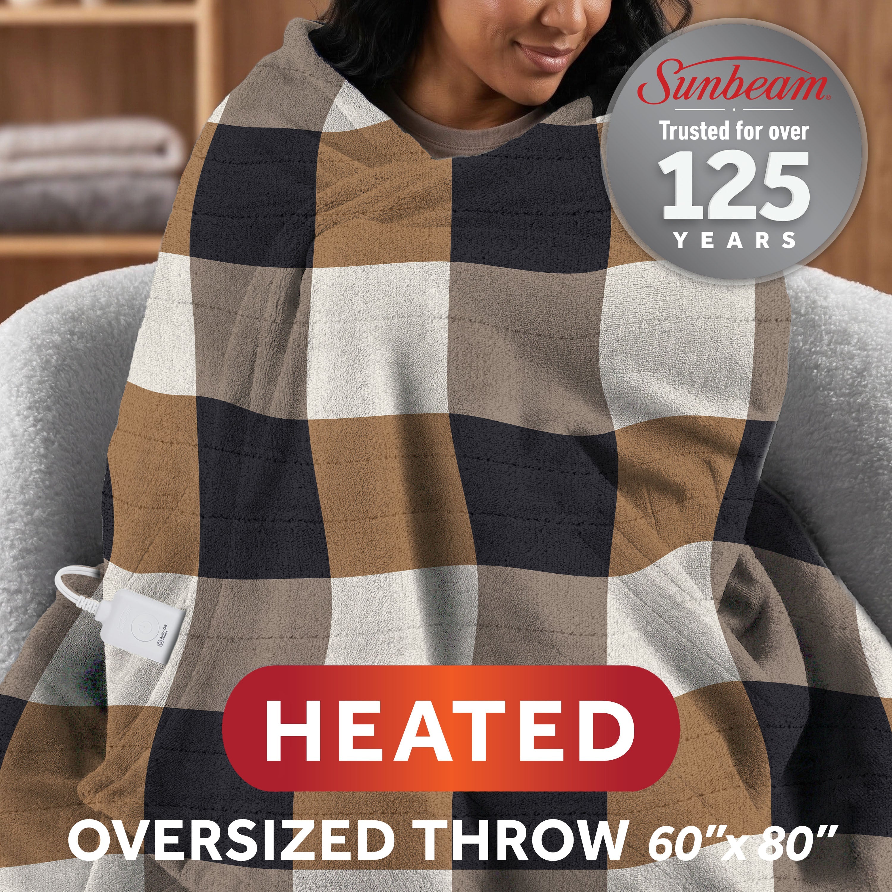 Sunbeam Heated Buffalo Tan Throw Blanket Oversized Microplush 4 Heat Settings 60x80