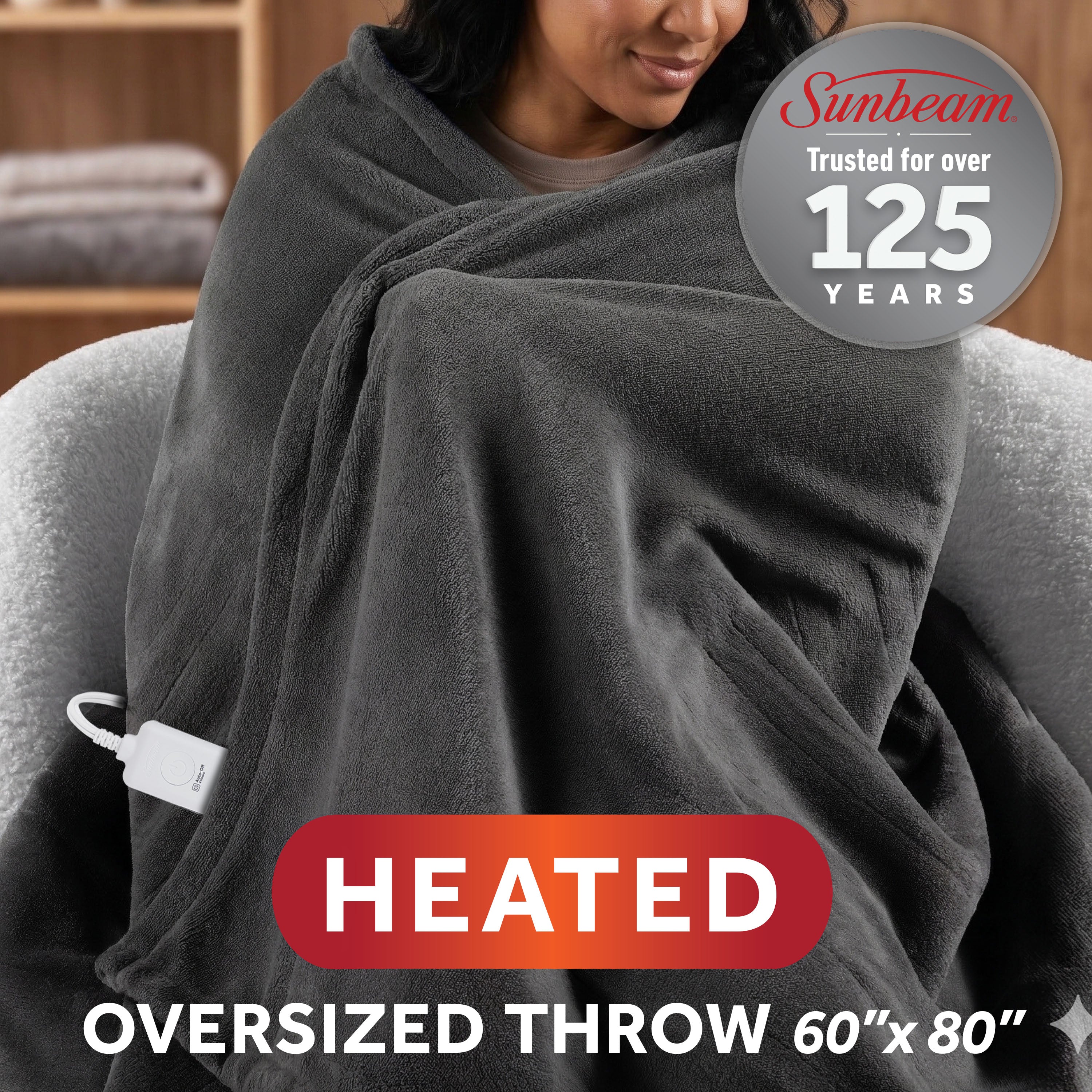 Sunbeam Heated Greystone Throw Blanket Oversized Microplush 4 Heat Settings 60x80