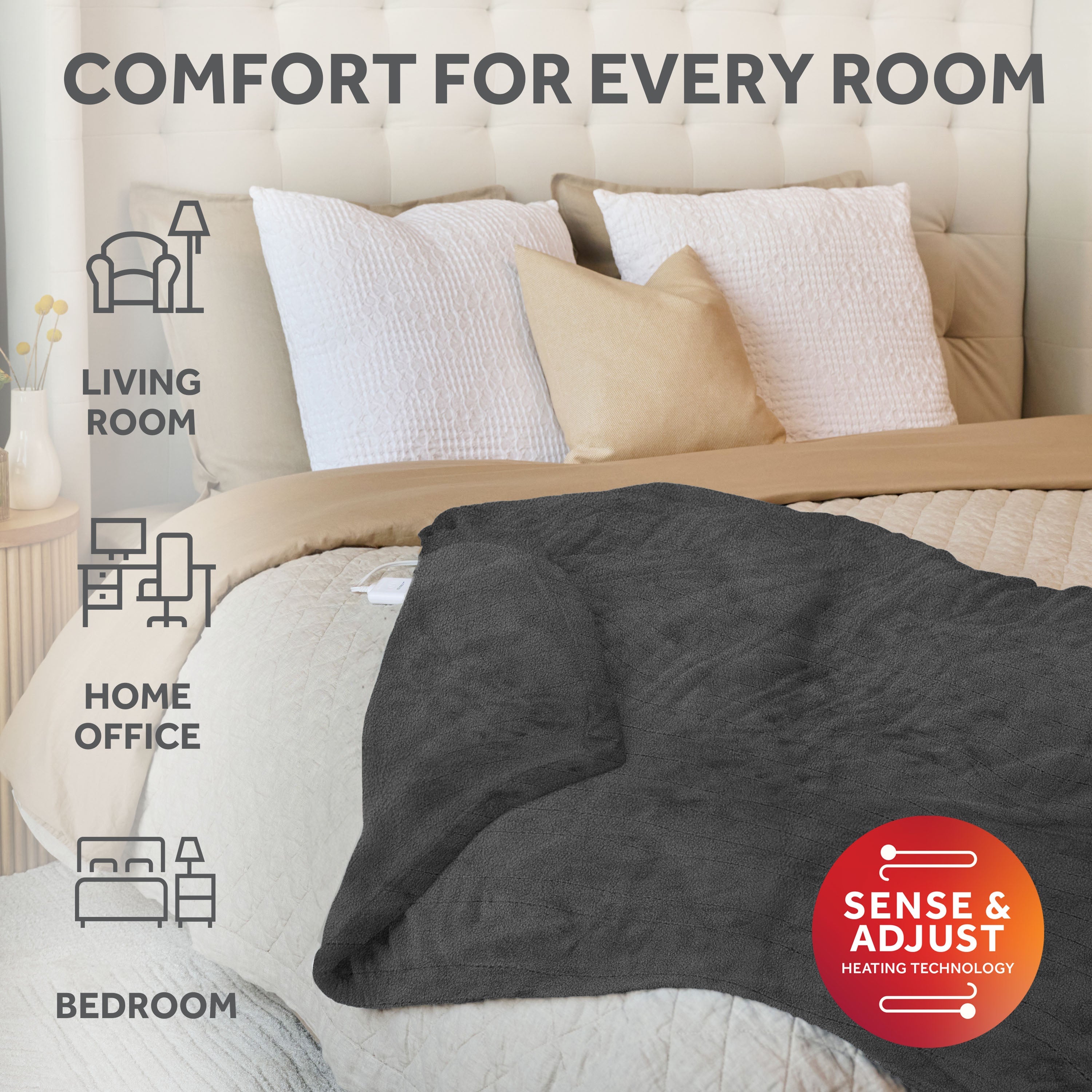Sunbeam Heated Greystone Throw Blanket Oversized Microplush 4 Heat Settings 60x80