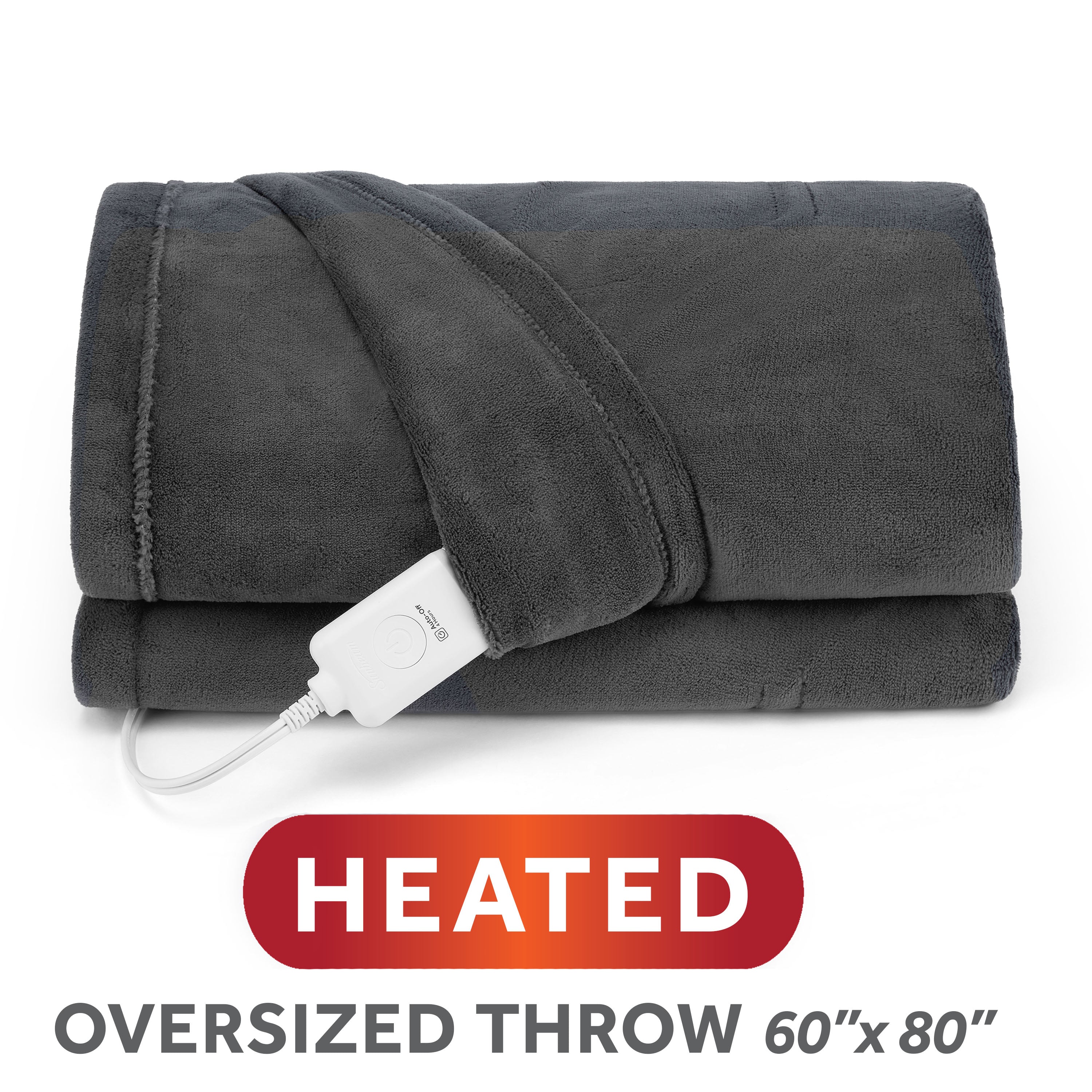 Sunbeam Heated Greystone Throw Blanket Oversized Microplush 4 Heat Settings 60x80