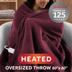Sunbeam Heated Merlot Throw Blanket Oversized Microplush 4 Heat Settings 60x80