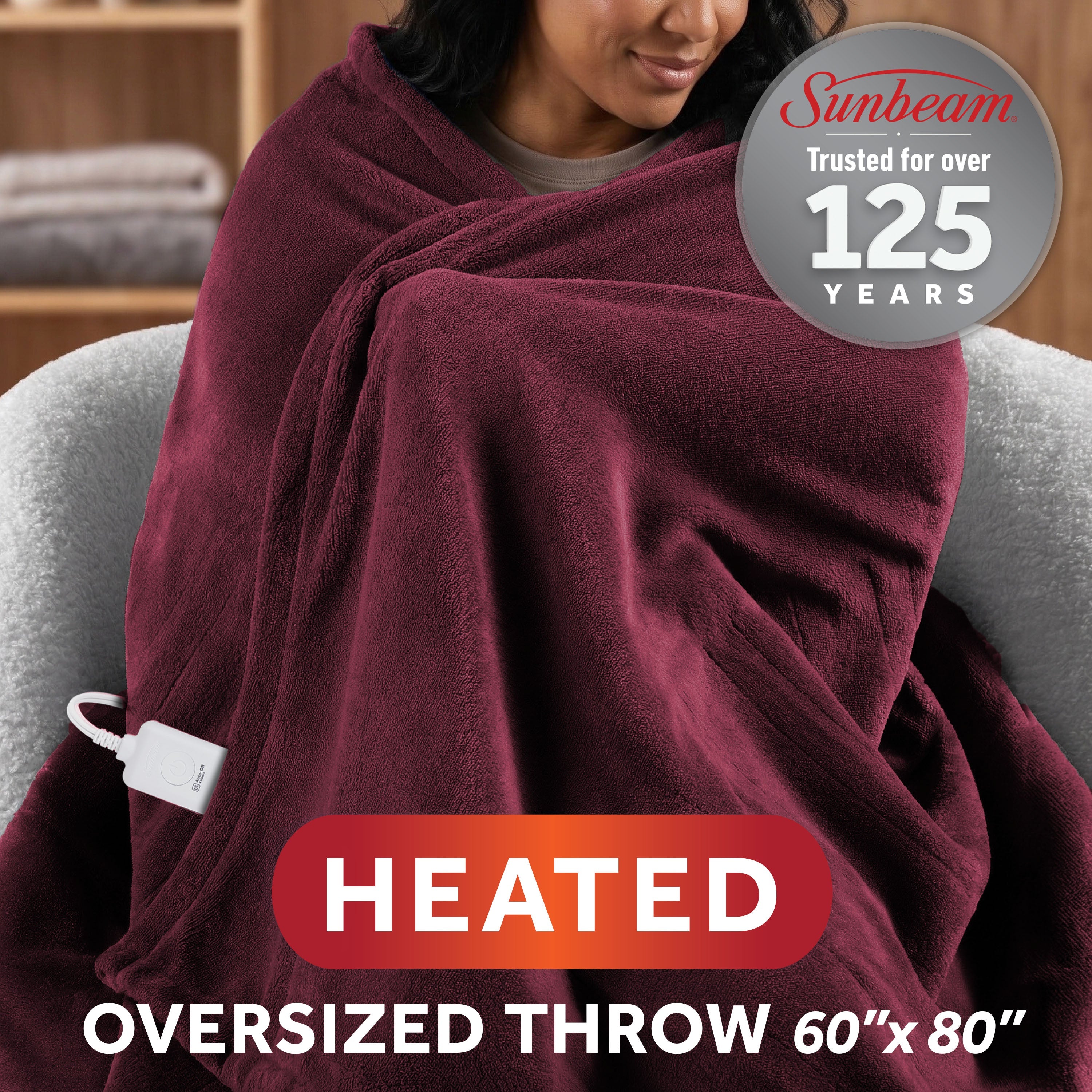 Sunbeam Heated Merlot Throw Blanket Oversized Microplush 4 Heat Settings 60x80