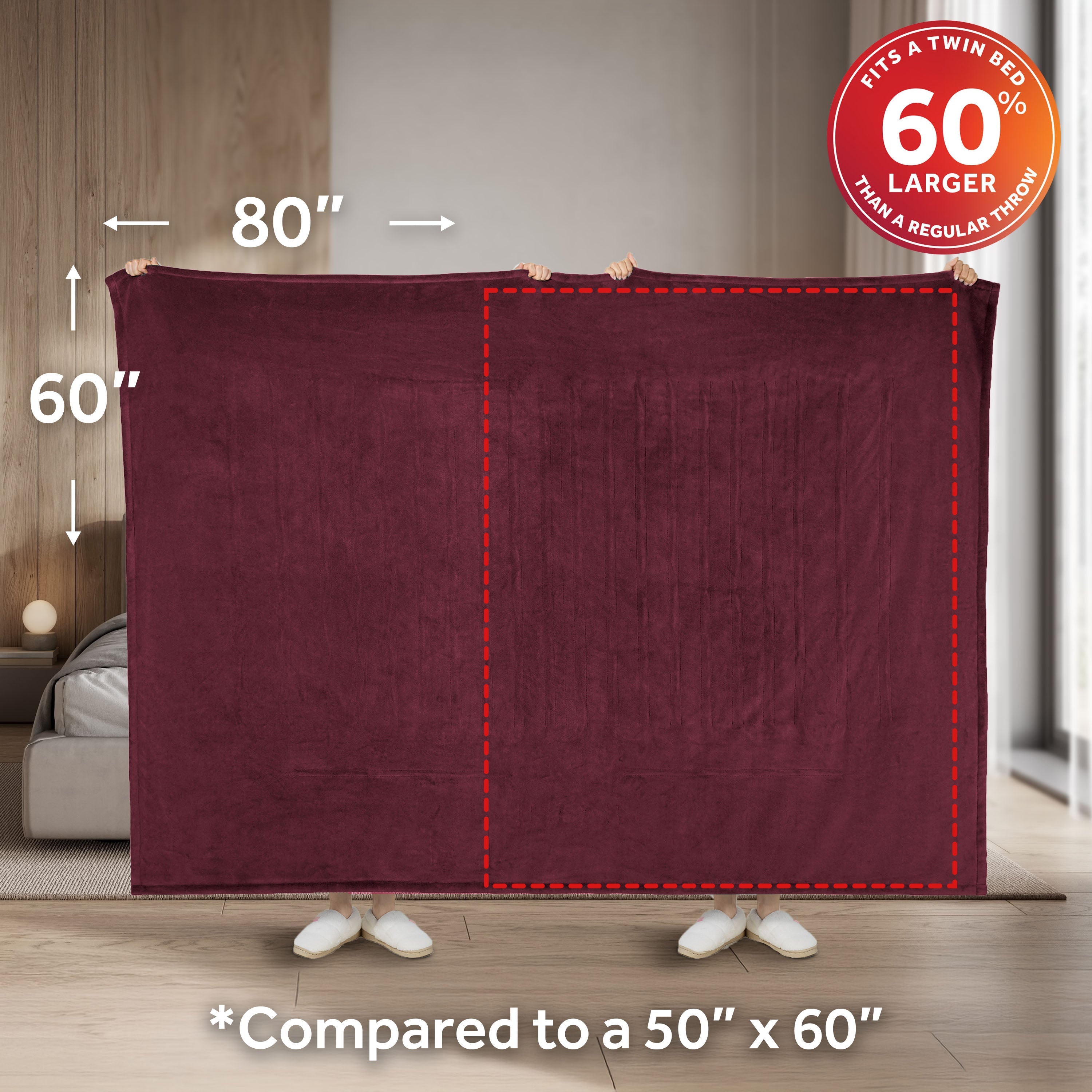 Sunbeam Heated Merlot Throw Blanket Oversized Microplush 4 Heat Settings 60x80
