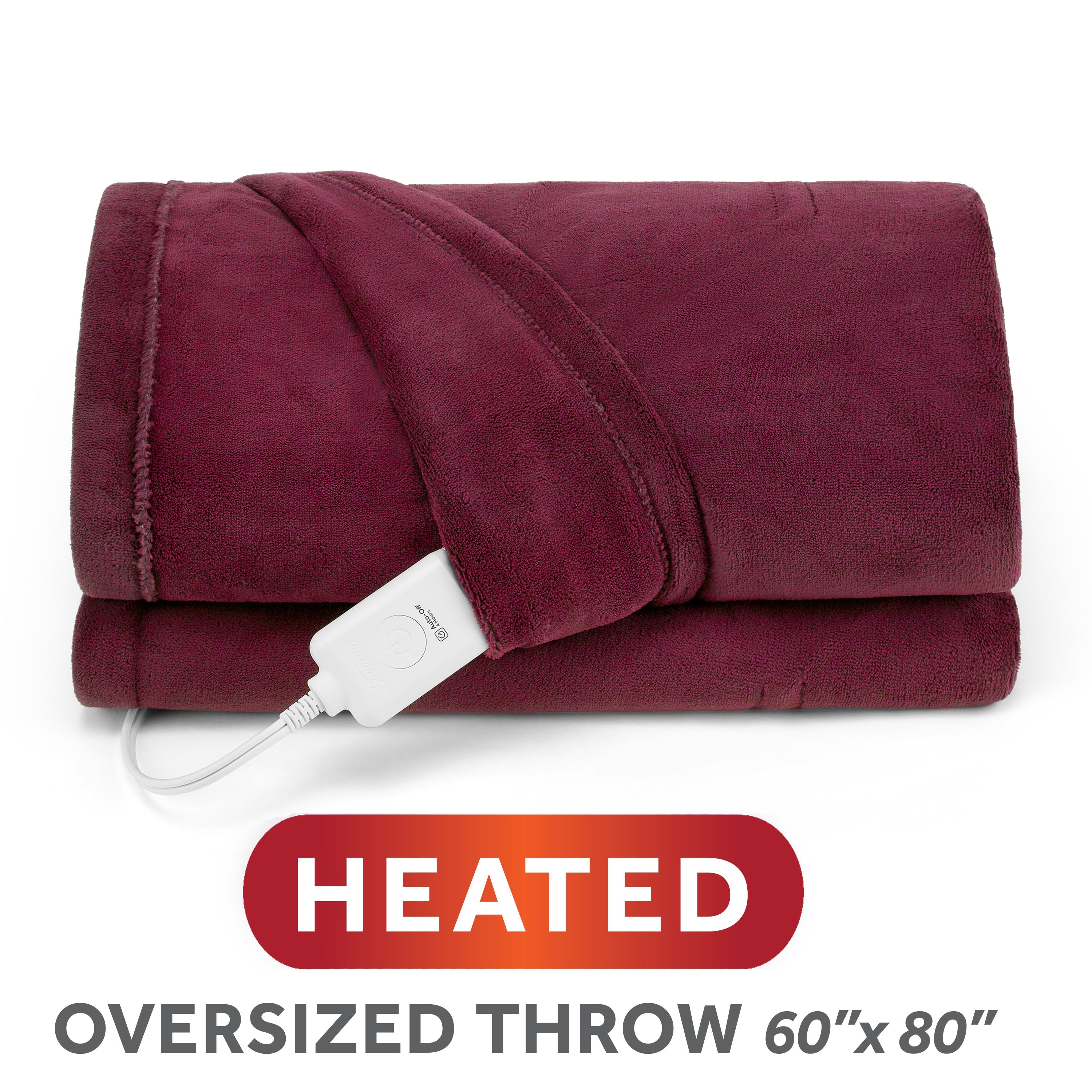 Sunbeam Heated Merlot Throw Blanket Oversized Microplush 4 Heat Settings 60x80