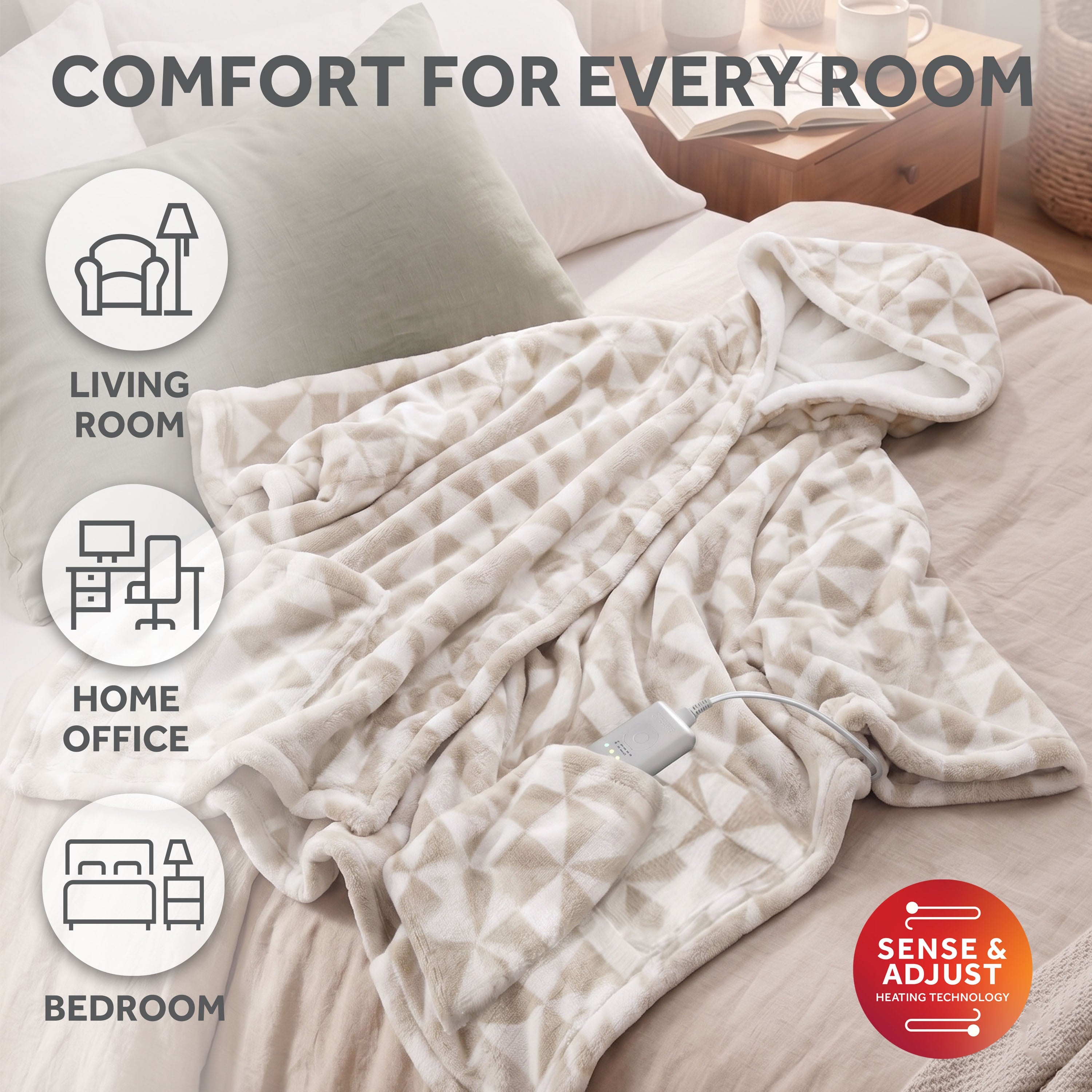 Sunbeam Heated Triangle Taupe Wearable Throw 4 Heat Settings 50x60