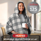Sunbeam Heated Buffalo Gray Wearable Throw 4 Heat Settings 50x60