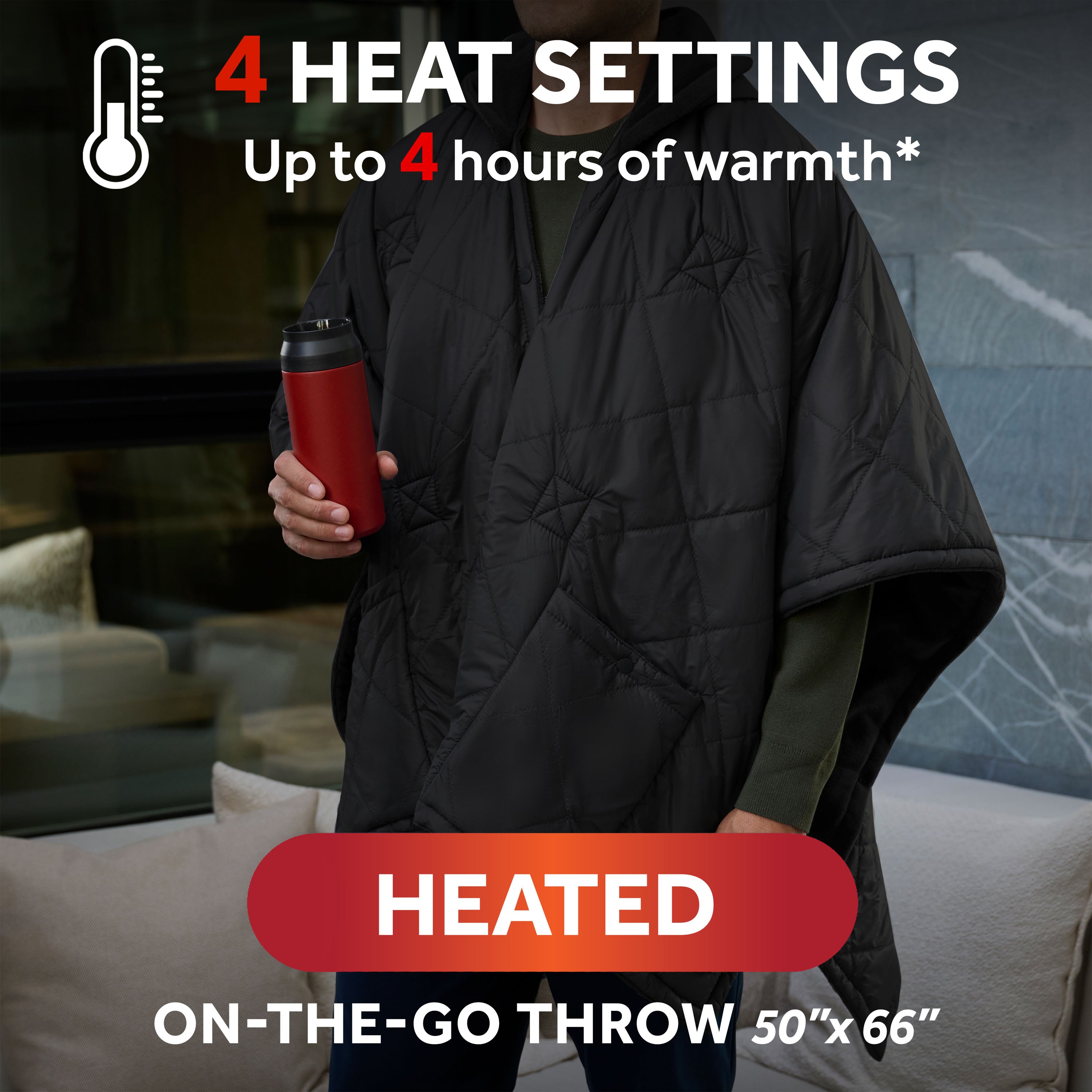 Sunbeam Cordless Heated Wearable Throw Black Hood Rechargeable 4 Heat Settings 50x66