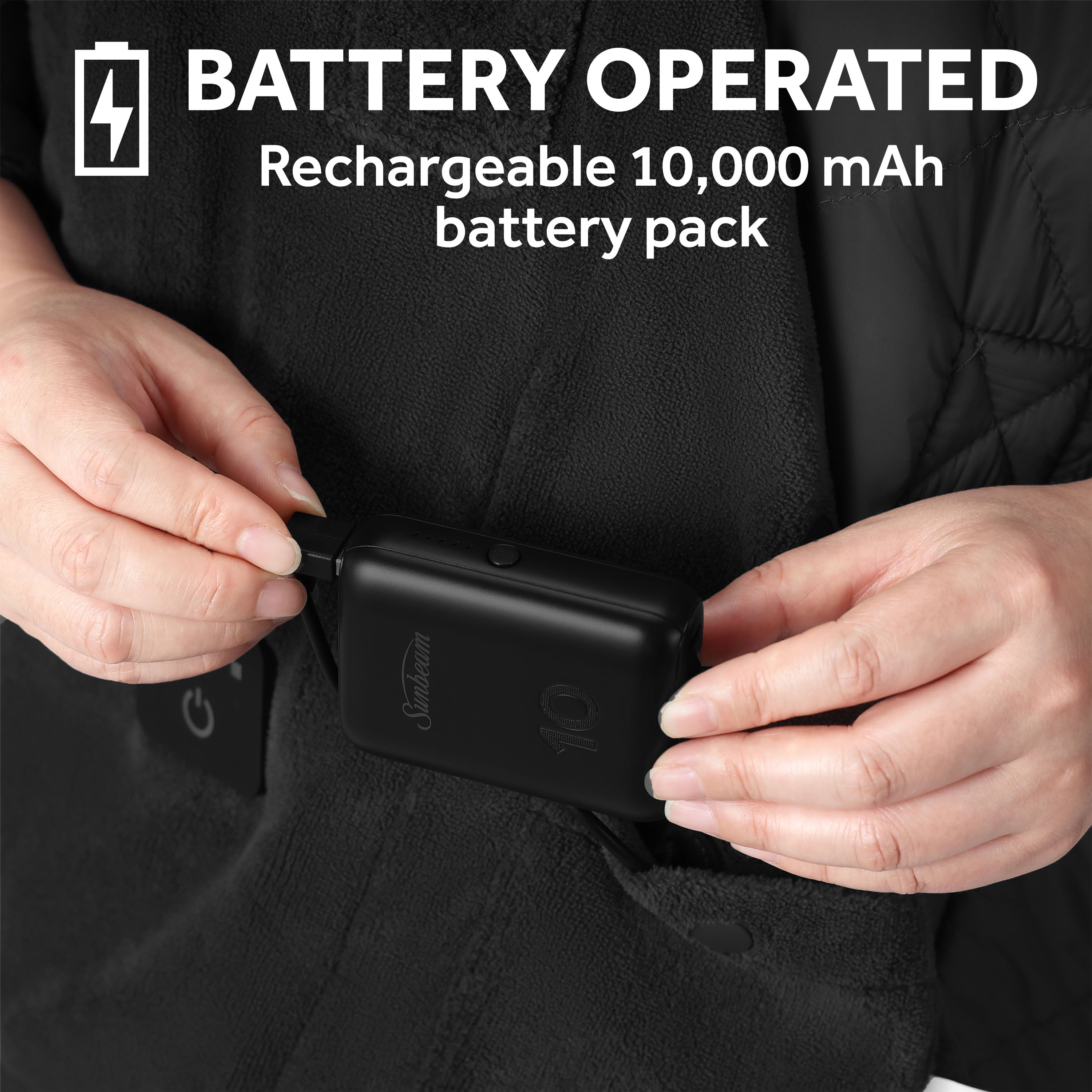 Sunbeam Cordless Heated Wearable Throw Black Hood Rechargeable 4 Heat Settings 50x66