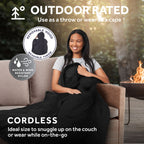 Sunbeam Cordless Heated Wearable Throw Black Hood Rechargeable 4 Heat Settings 50x66