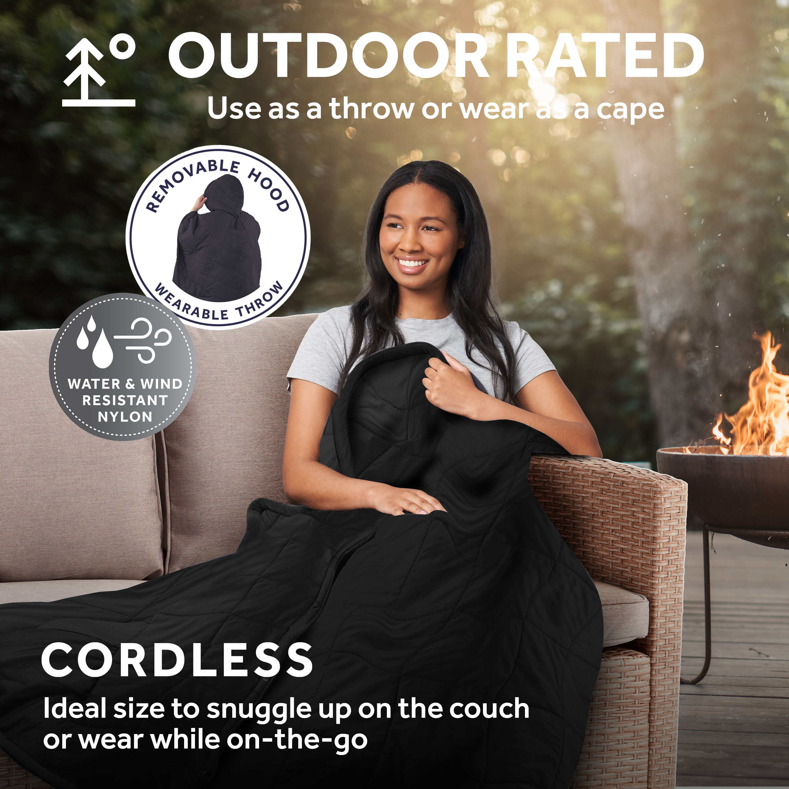 Sunbeam Cordless Heated Wearable Throw Black Hood Rechargeable 4 Heat Settings 50x66