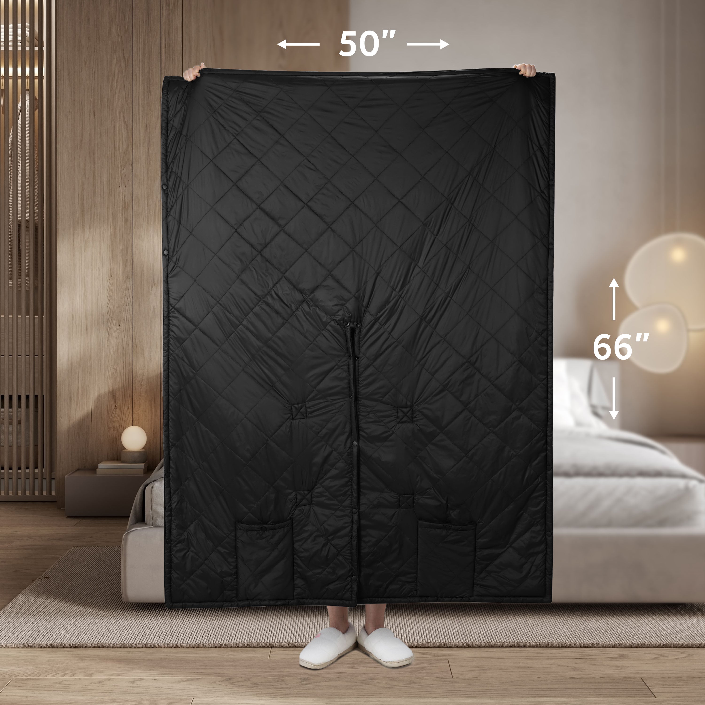 Sunbeam Cordless Heated Wearable Throw Black Hood Rechargeable 4 Heat Settings 50x66
