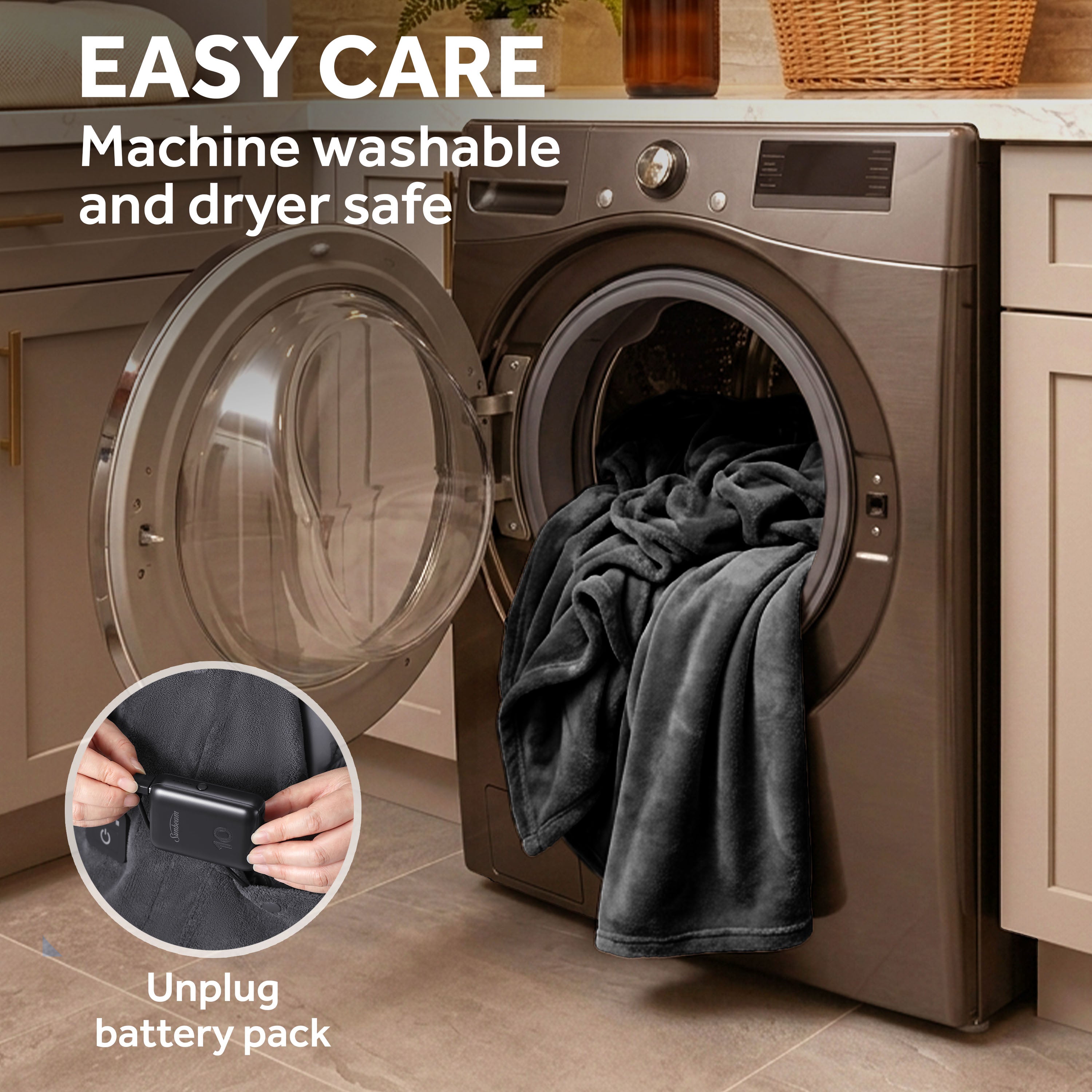 Sunbeam Cordless Heated Wearable Throw Black Hood Rechargeable 4 Heat Settings 50x66
