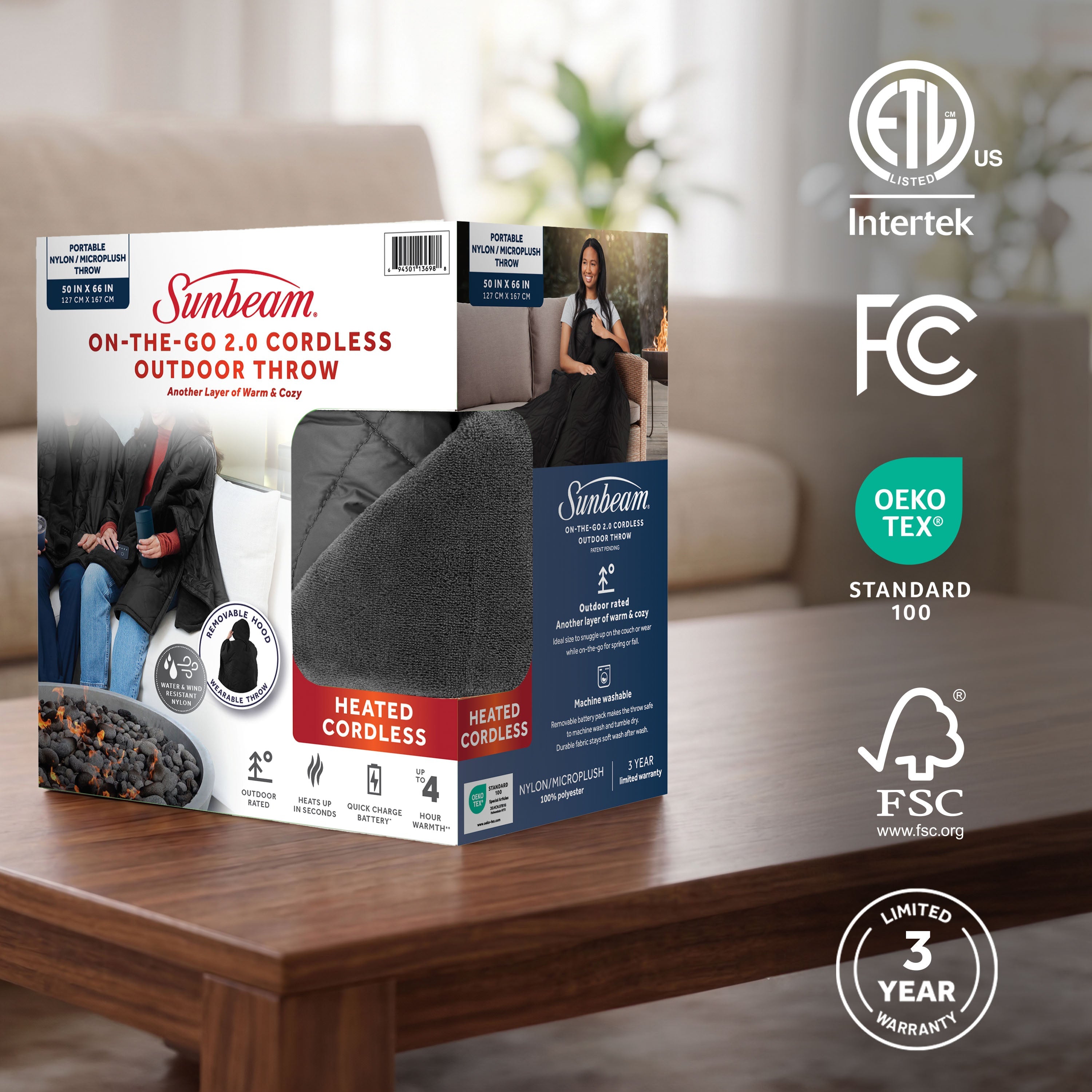 Sunbeam Cordless Heated Wearable Throw Black Hood Rechargeable 4 Heat Settings 50x66