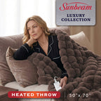 Sunbeam Heated Brown Throw Bubble Faux Fur Luxury Collection 4 Heat Settings 50x70