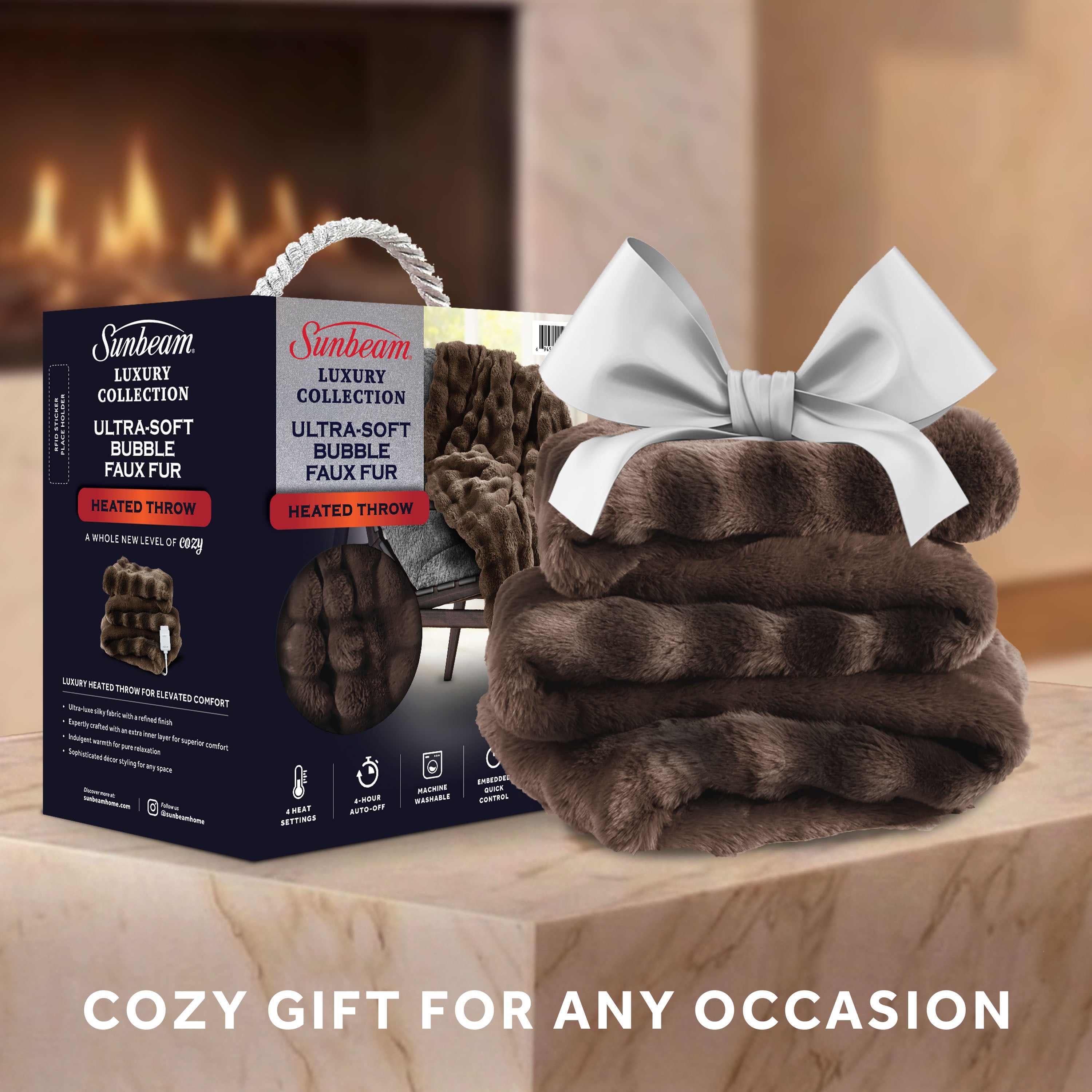 Sunbeam Heated Brown Throw Bubble Faux Fur Luxury Collection 4 Heat Settings 50x70