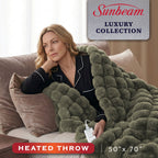 Sunbeam Heated Green Throw Bubble Faux Fur Luxury Collection 4 Heat Settings 50x70