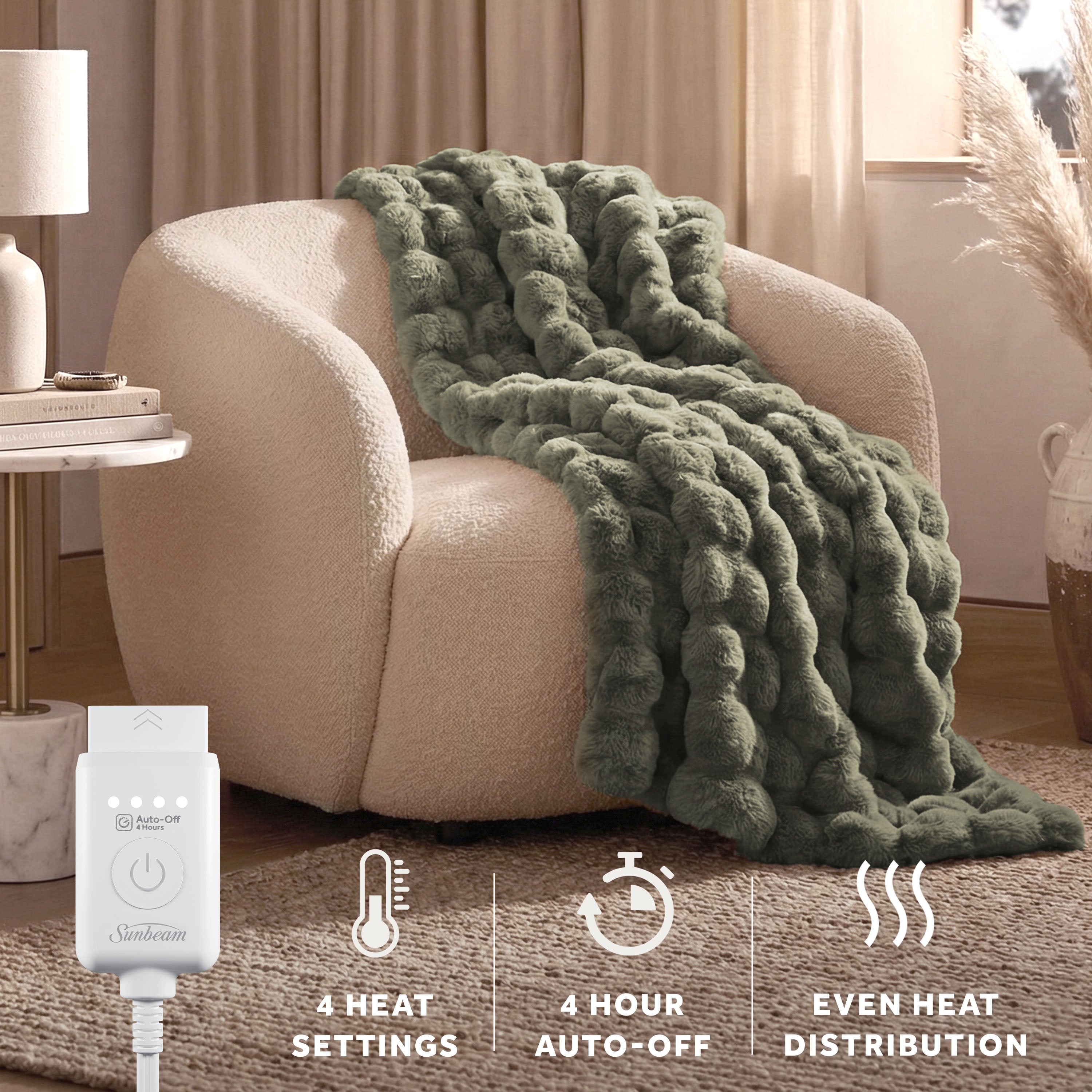 Sunbeam Heated Green Throw Bubble Faux Fur Luxury Collection 4 Heat Settings 50x70