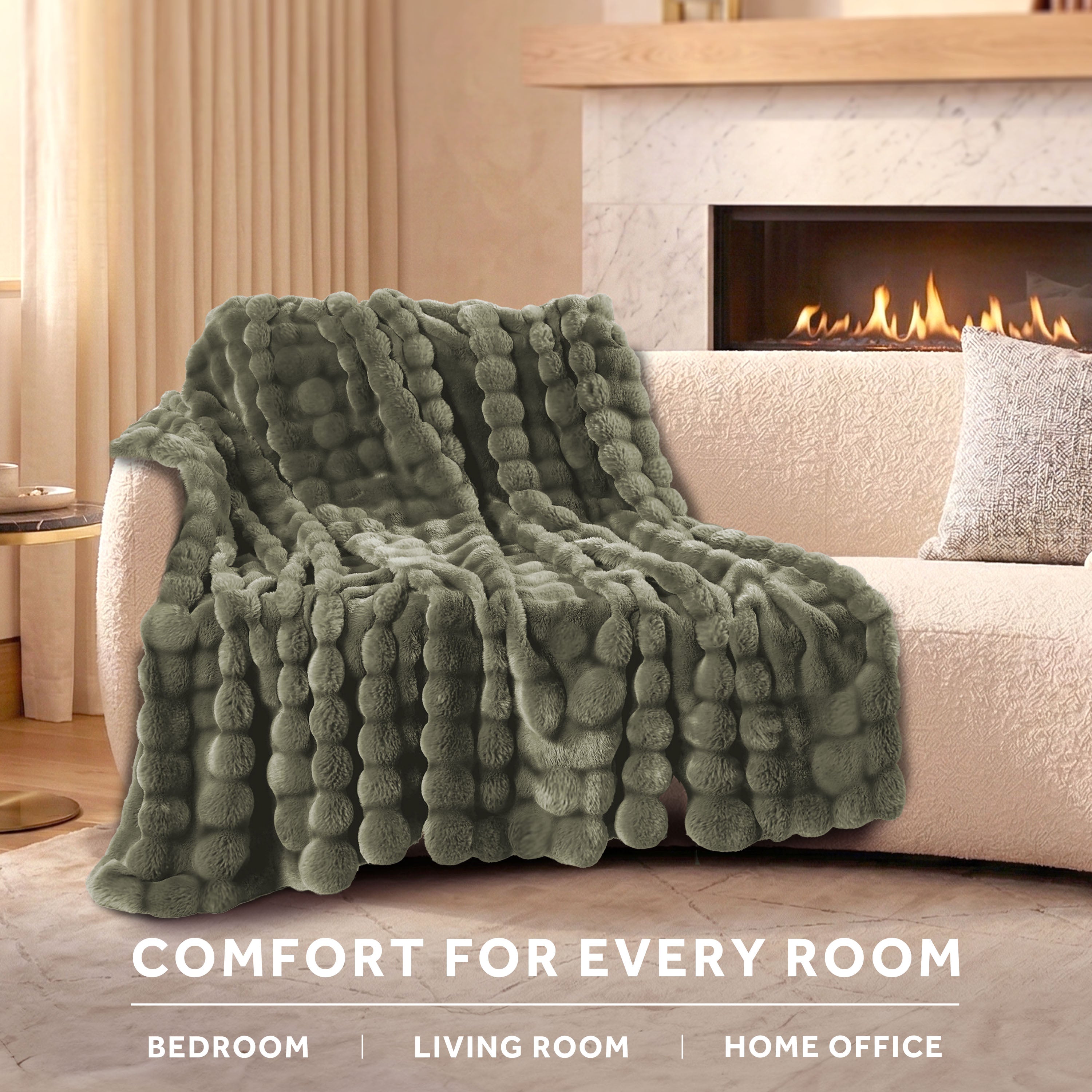 Sunbeam Heated Green Throw Bubble Faux Fur Luxury Collection 4 Heat Settings 50x70