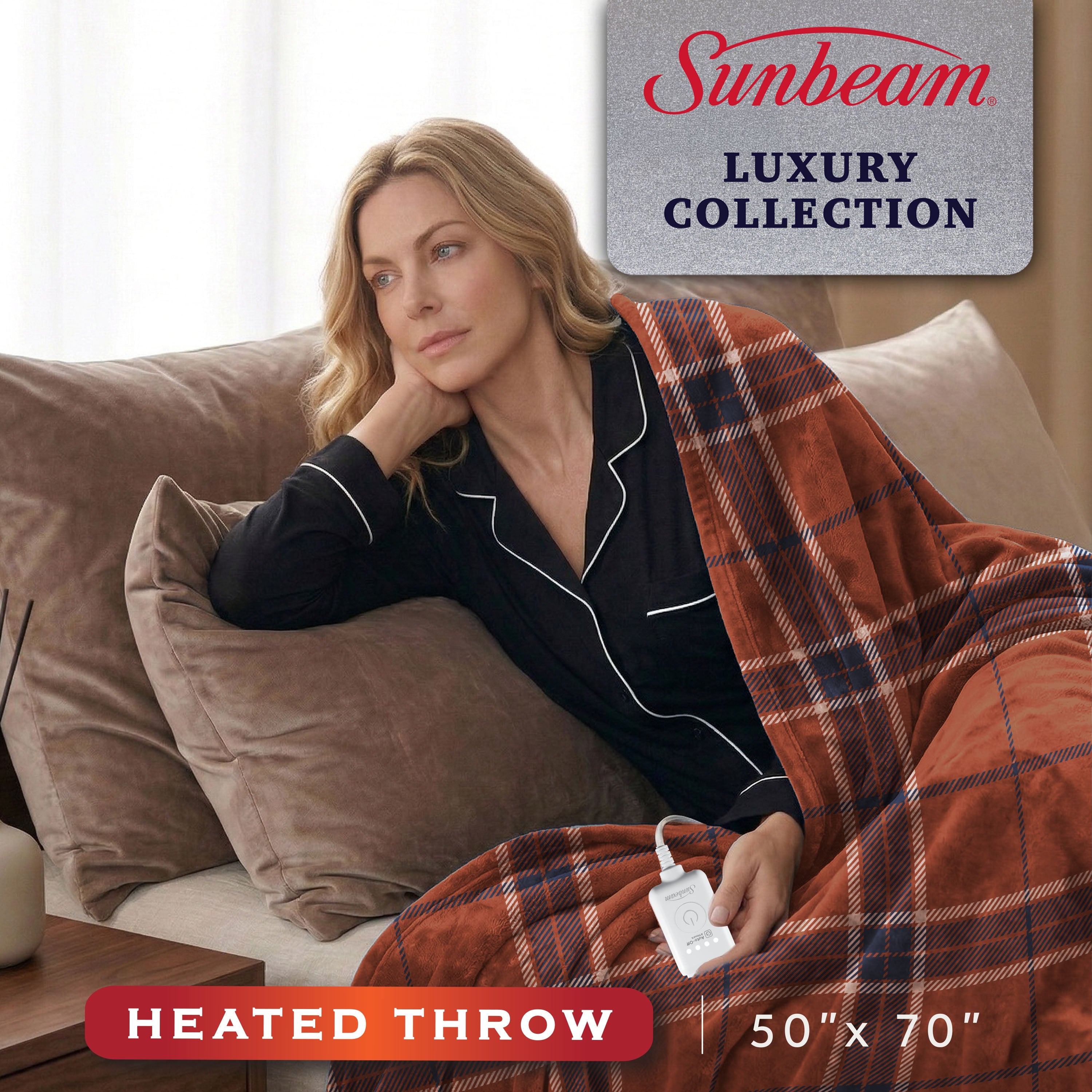 Sunbeam Heated Brown Blue Sheppard Plaid Luxe Plush Throw 4 Heat Settings 50x70