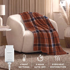 Sunbeam Heated Brown Blue Sheppard Plaid Luxe Plush Throw 4 Heat Settings 50x70