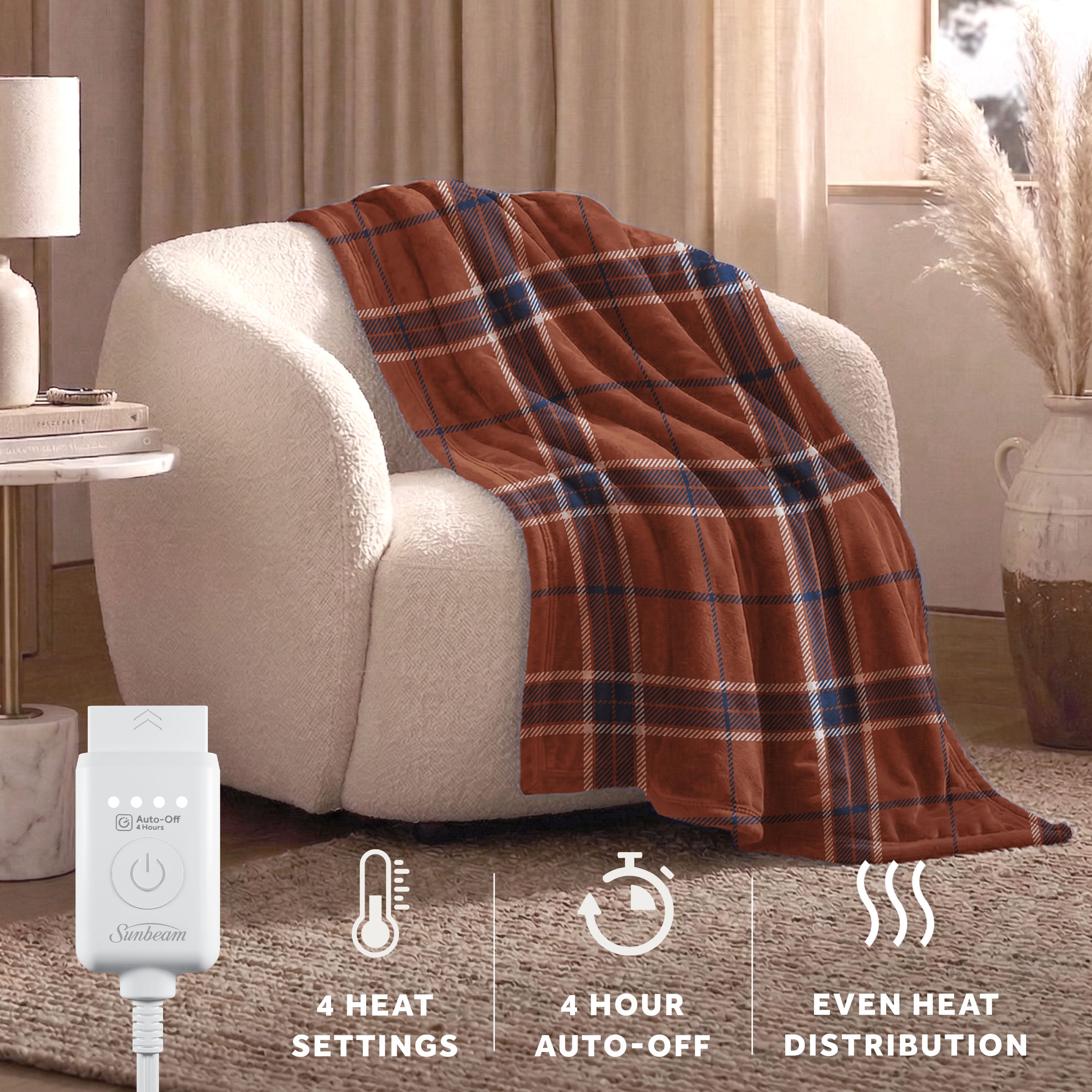 Sunbeam Heated Brown Blue Sheppard Plaid Luxe Plush Throw 4 Heat Settings 50x70