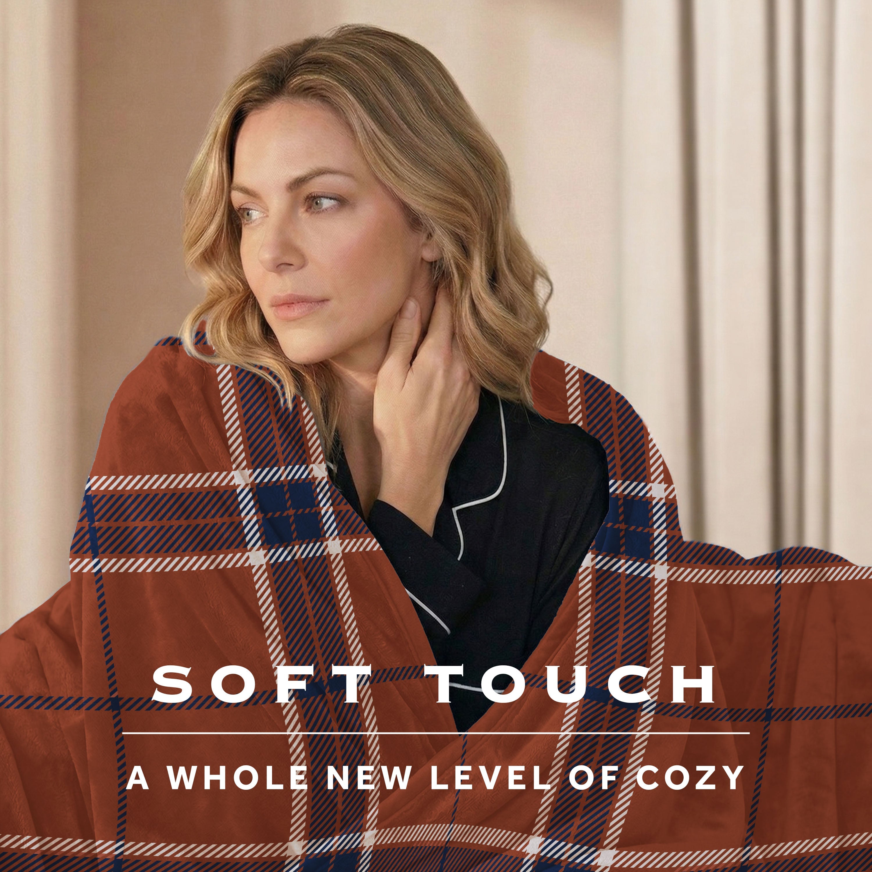 Sunbeam Heated Brown Blue Sheppard Plaid Luxe Plush Throw 4 Heat Settings 50x70