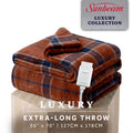 Sunbeam Heated Brown Blue Sheppard Plaid Luxe Plush Throw 4 Heat Settings 50x70
