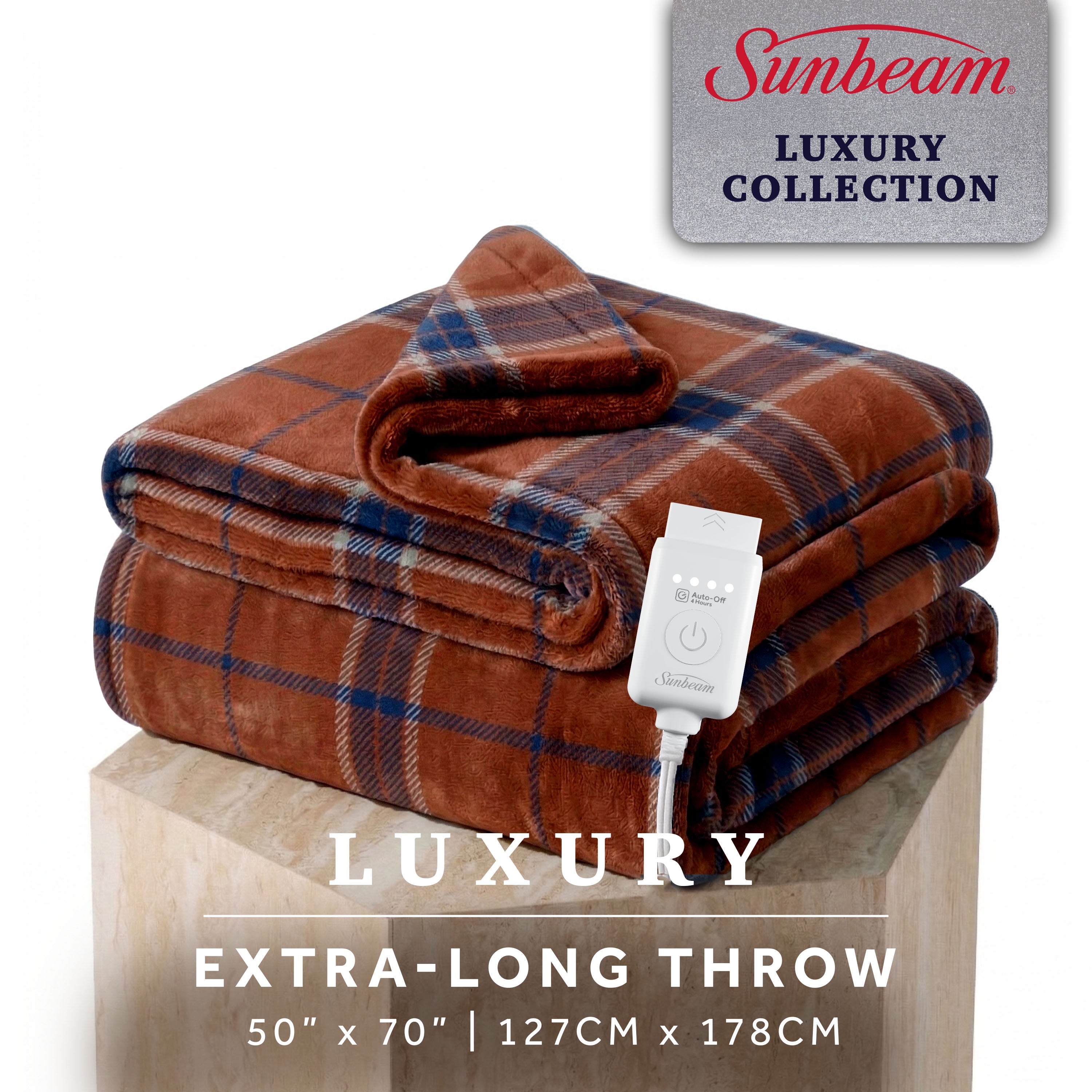 Sunbeam Heated Brown Blue Sheppard Plaid Luxe Plush Throw 4 Heat Settings 50x70