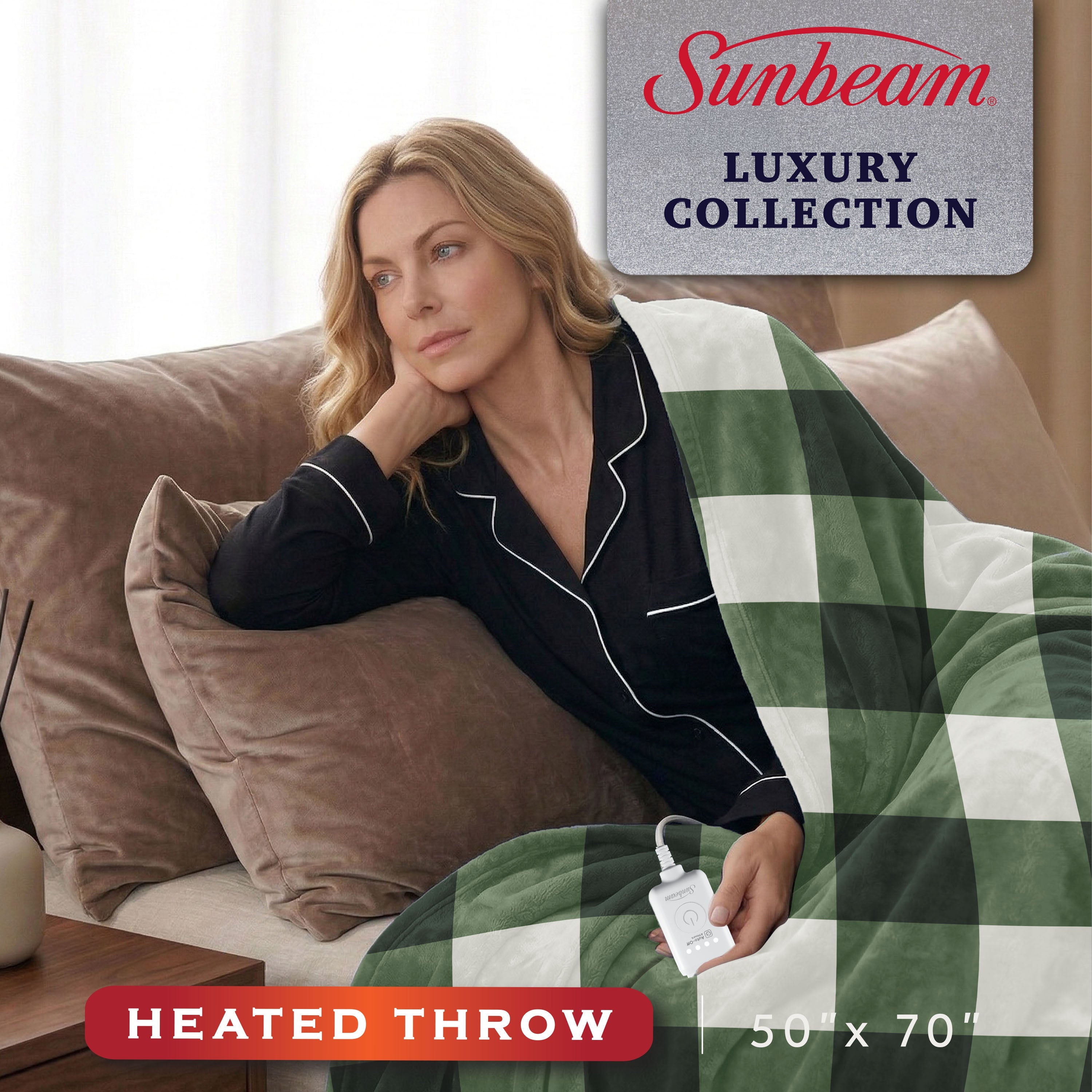 Sunbeam Heated Deep Sage Buffalo Plaid Luxe Plush Throw 4 Heat Settings 50x70