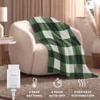 Sunbeam Heated Deep Sage Buffalo Plaid Luxe Plush Throw 4 Heat Settings 50x70