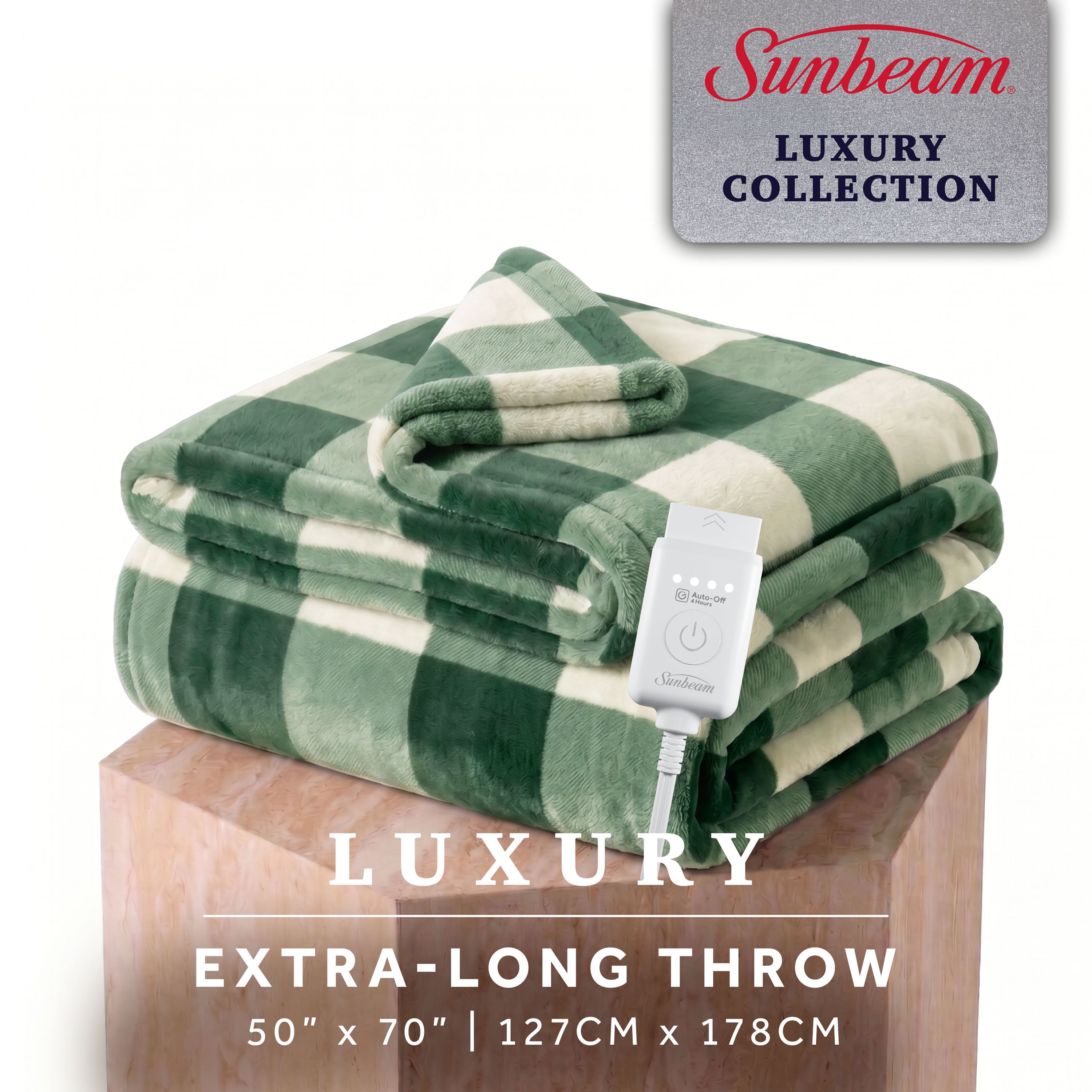 Sunbeam Heated Deep Sage Buffalo Plaid Luxe Plush Throw 4 Heat Settings 50x70