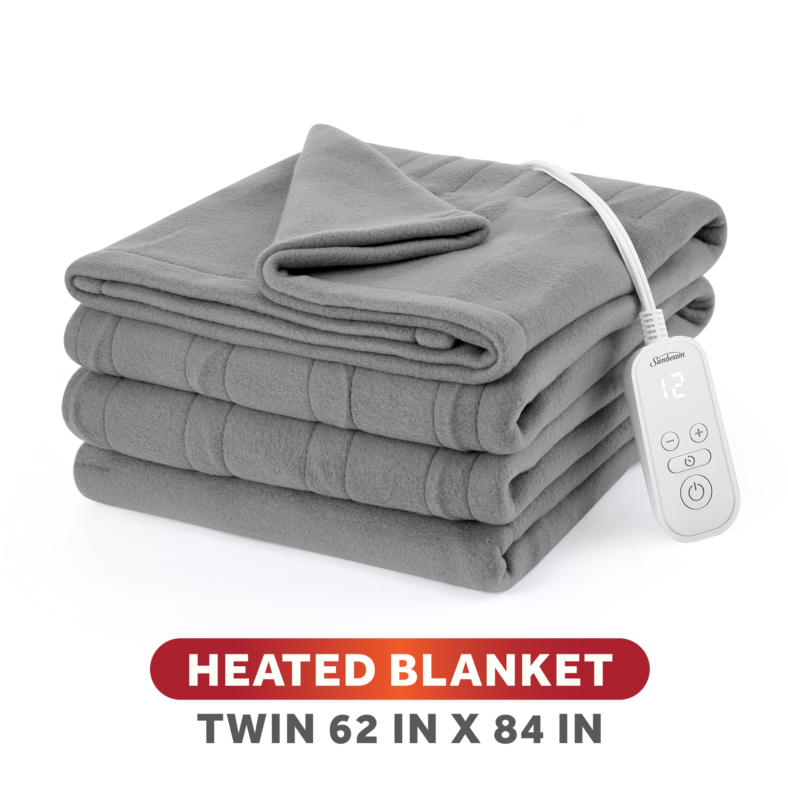 Sunbeam Heated Gray Blanket Brushed Fleece 12 Heat Settings