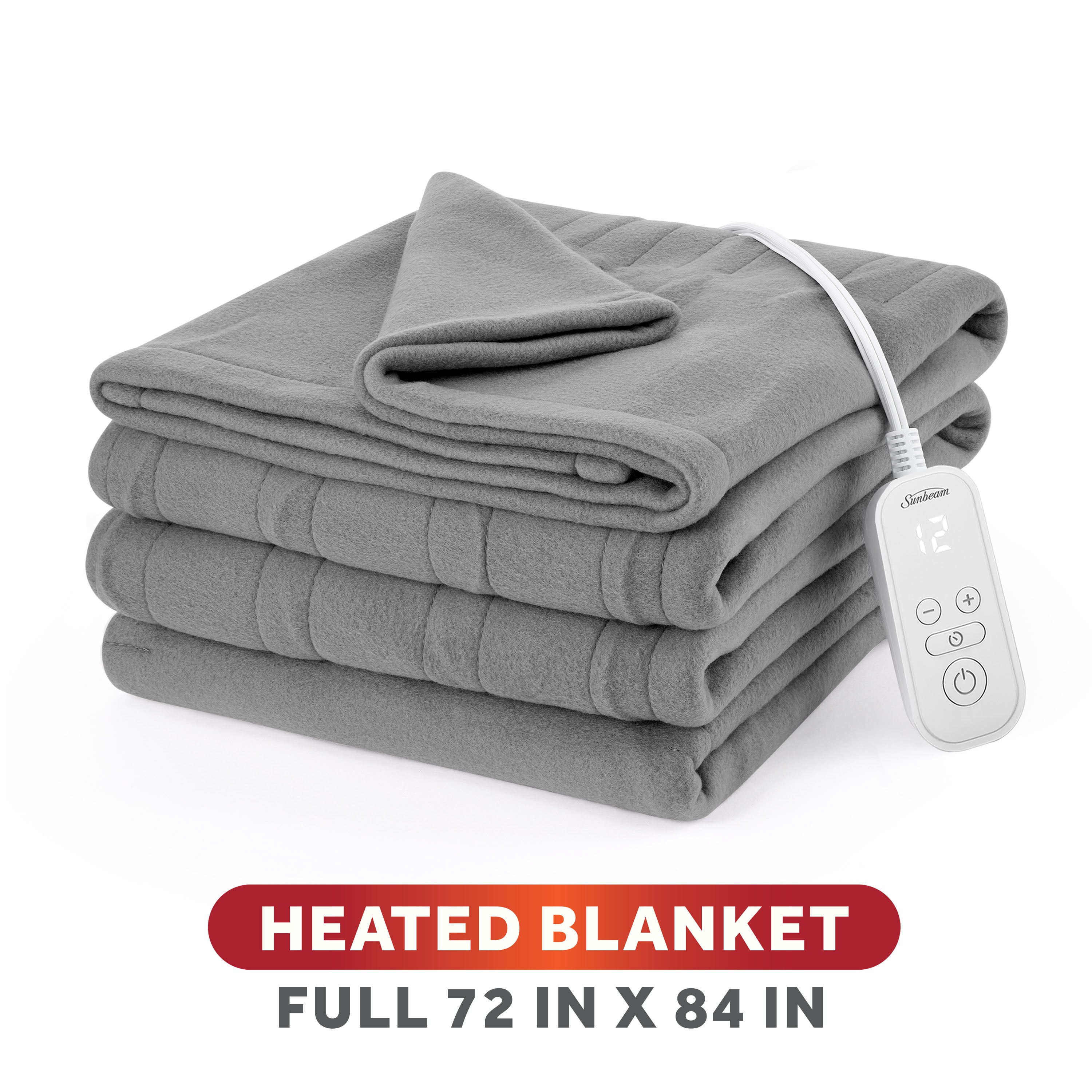 Sunbeam Heated Gray Blanket Brushed Fleece 12 Heat Settings
