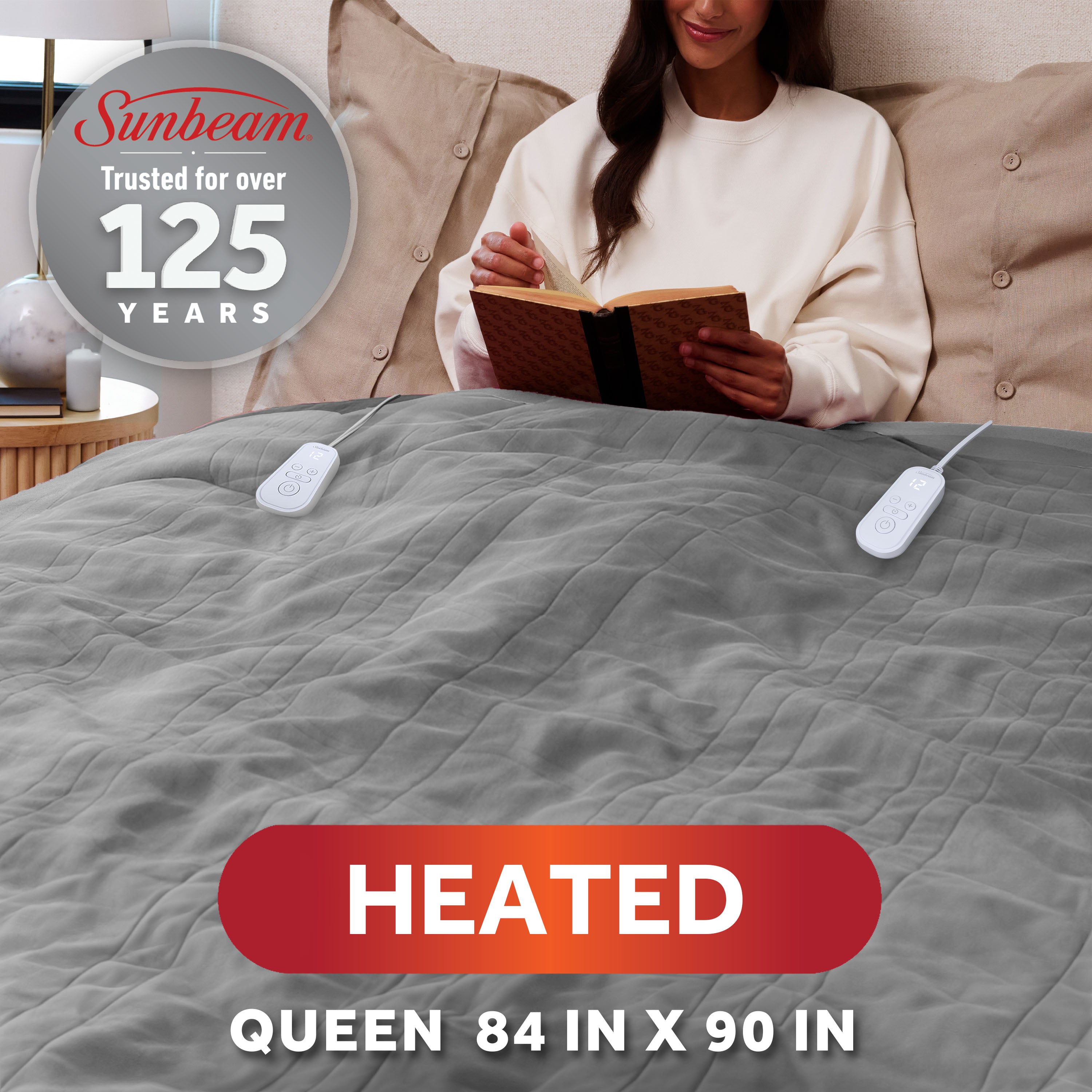Sunbeam Heated Gray Blanket Brushed Fleece 12 Heat Settings