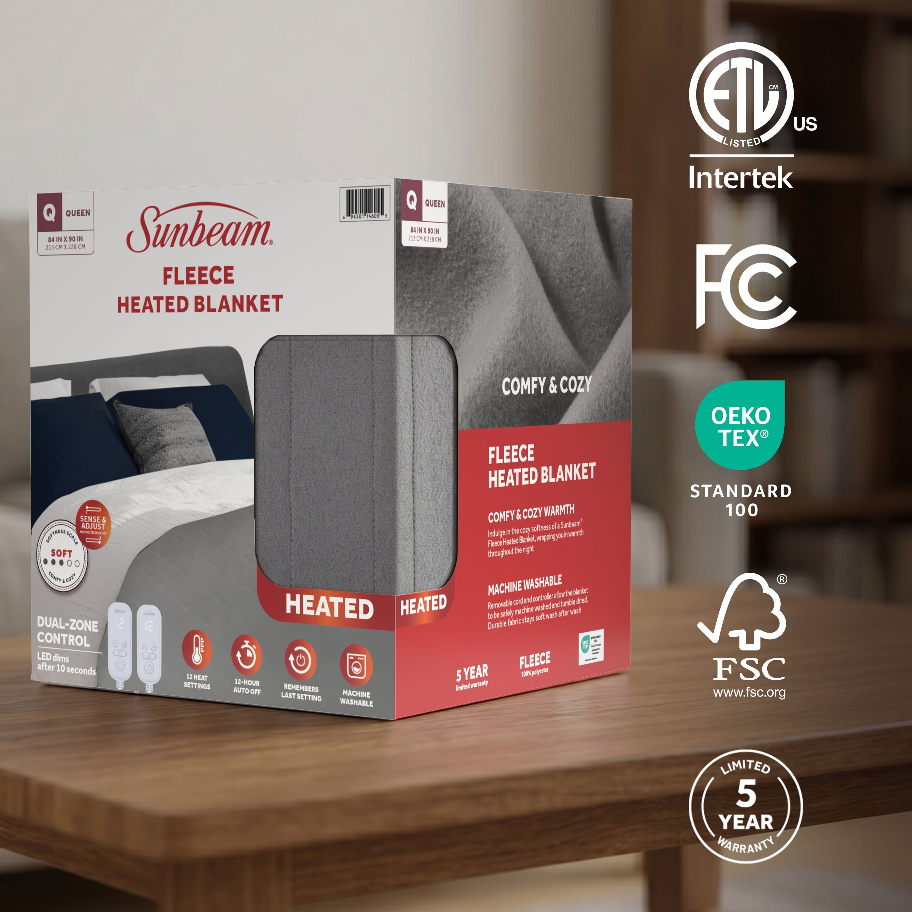 Sunbeam Heated Gray Blanket Brushed Fleece 12 Heat Settings