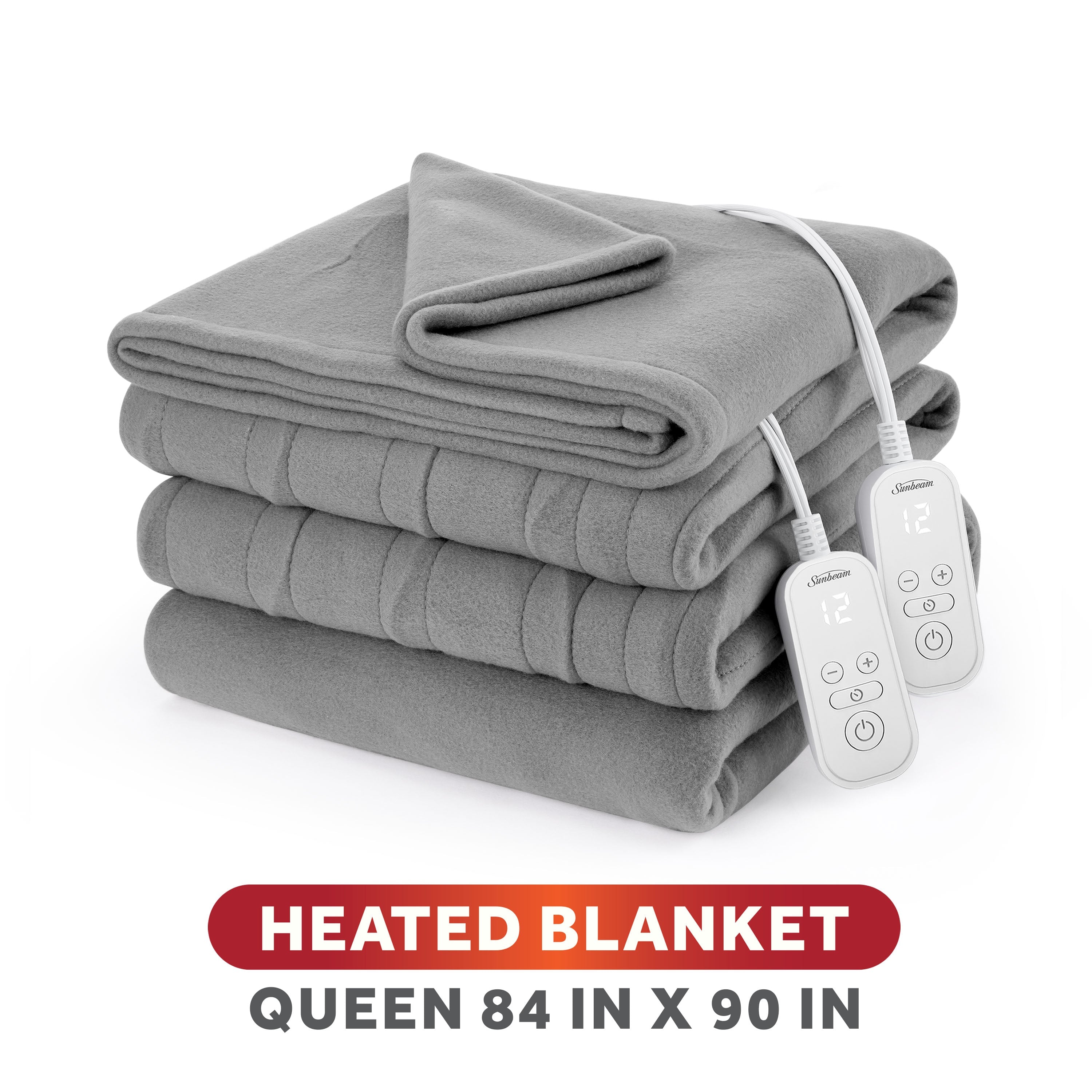 Sunbeam Heated Gray Blanket Brushed Fleece 12 Heat Settings