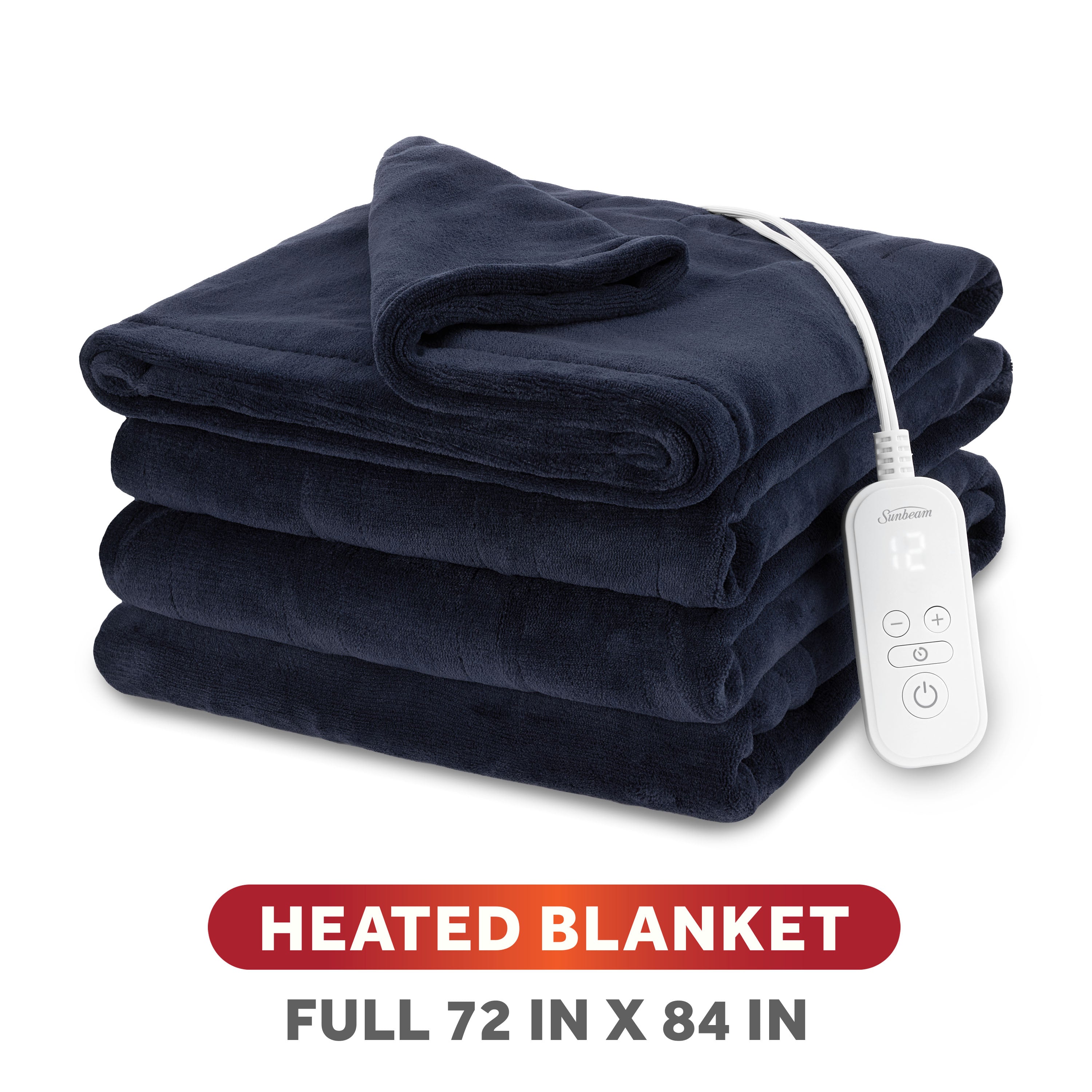 Sunbeam Heated Poseidon Navy Microplush Blanket 12 Heat Settings