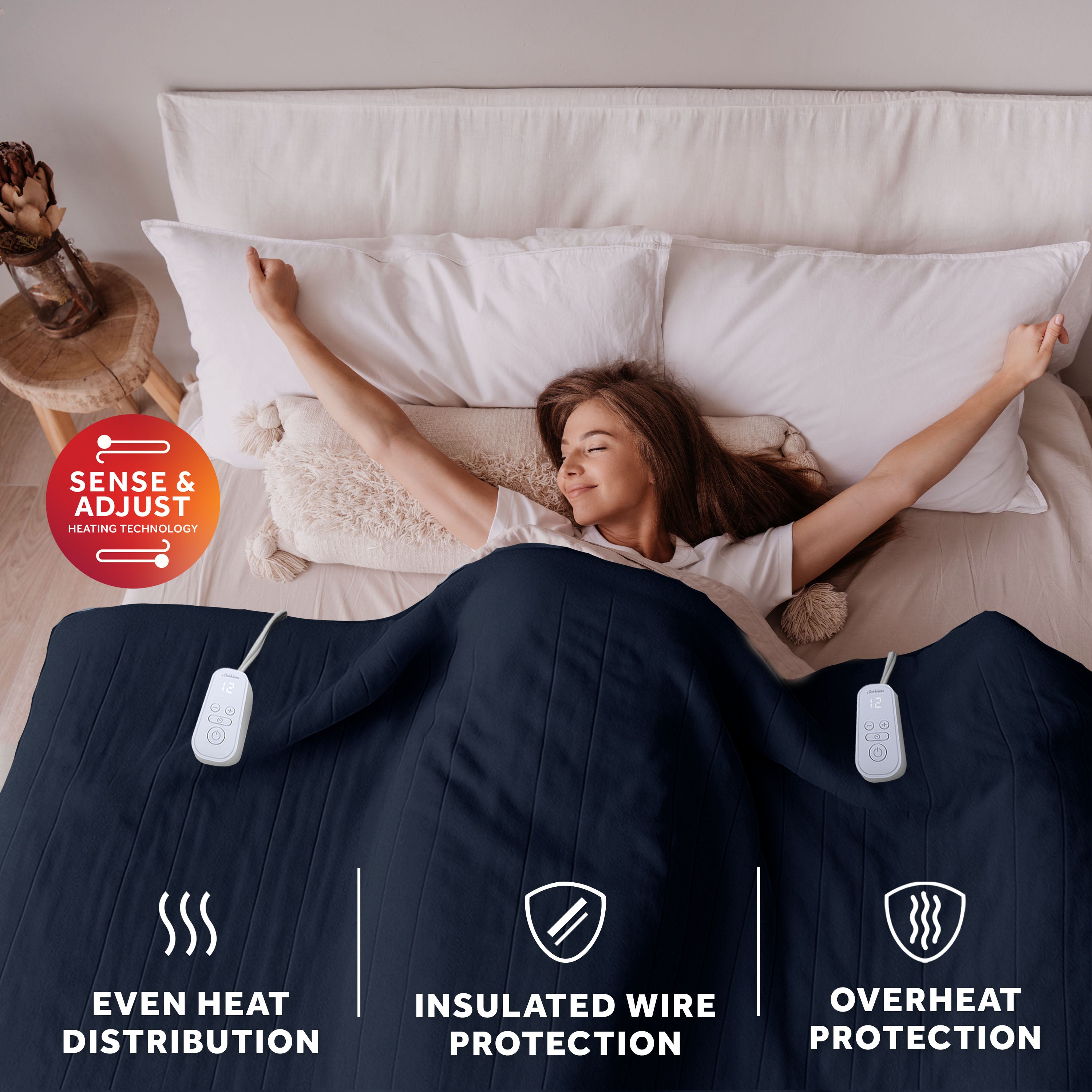 Sunbeam Heated Poseidon Navy Microplush Blanket 12 Heat Settings