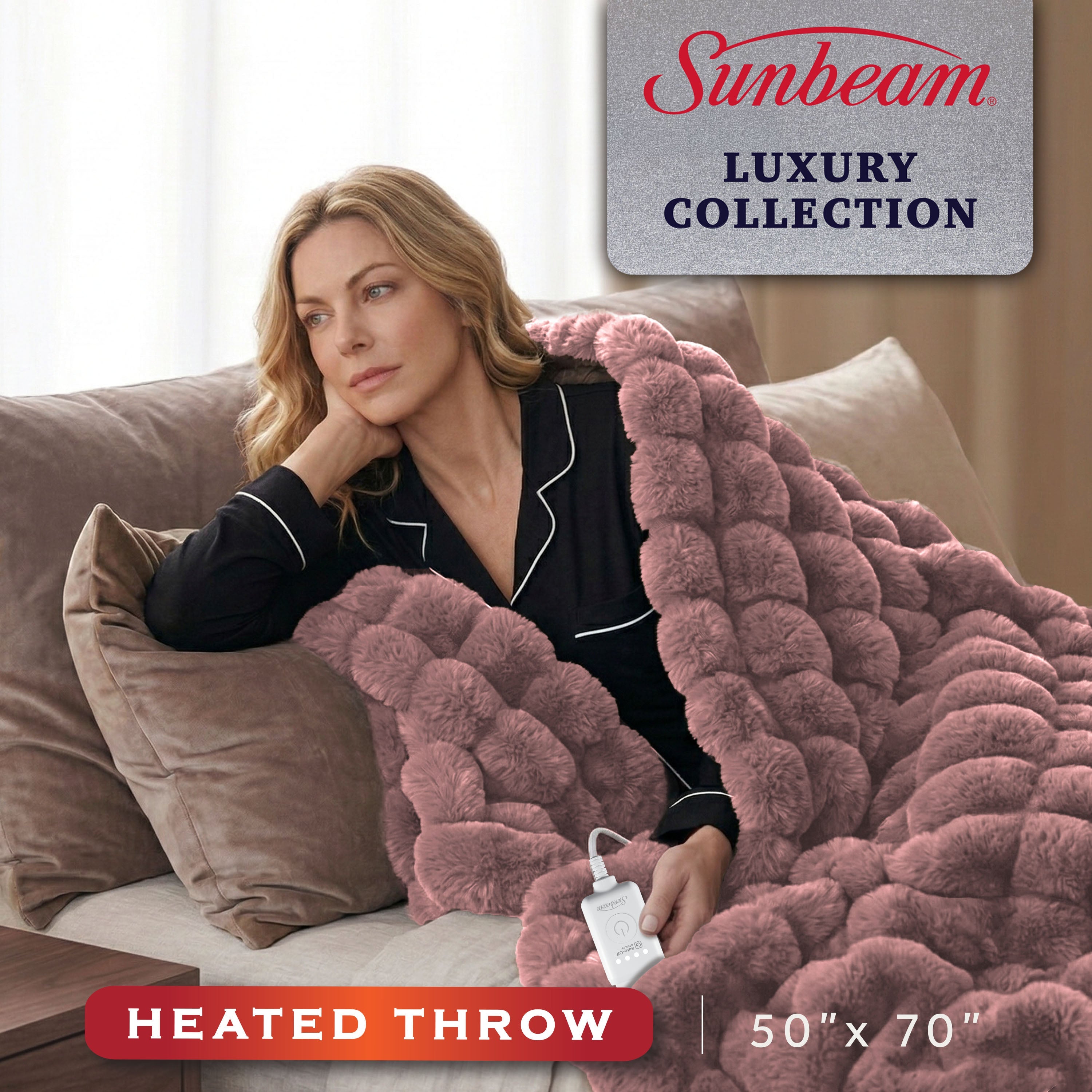 Sunbeam Heated Violet Throw Bubble Faux Fur Luxury Collection 4 Heat Settings 50x70