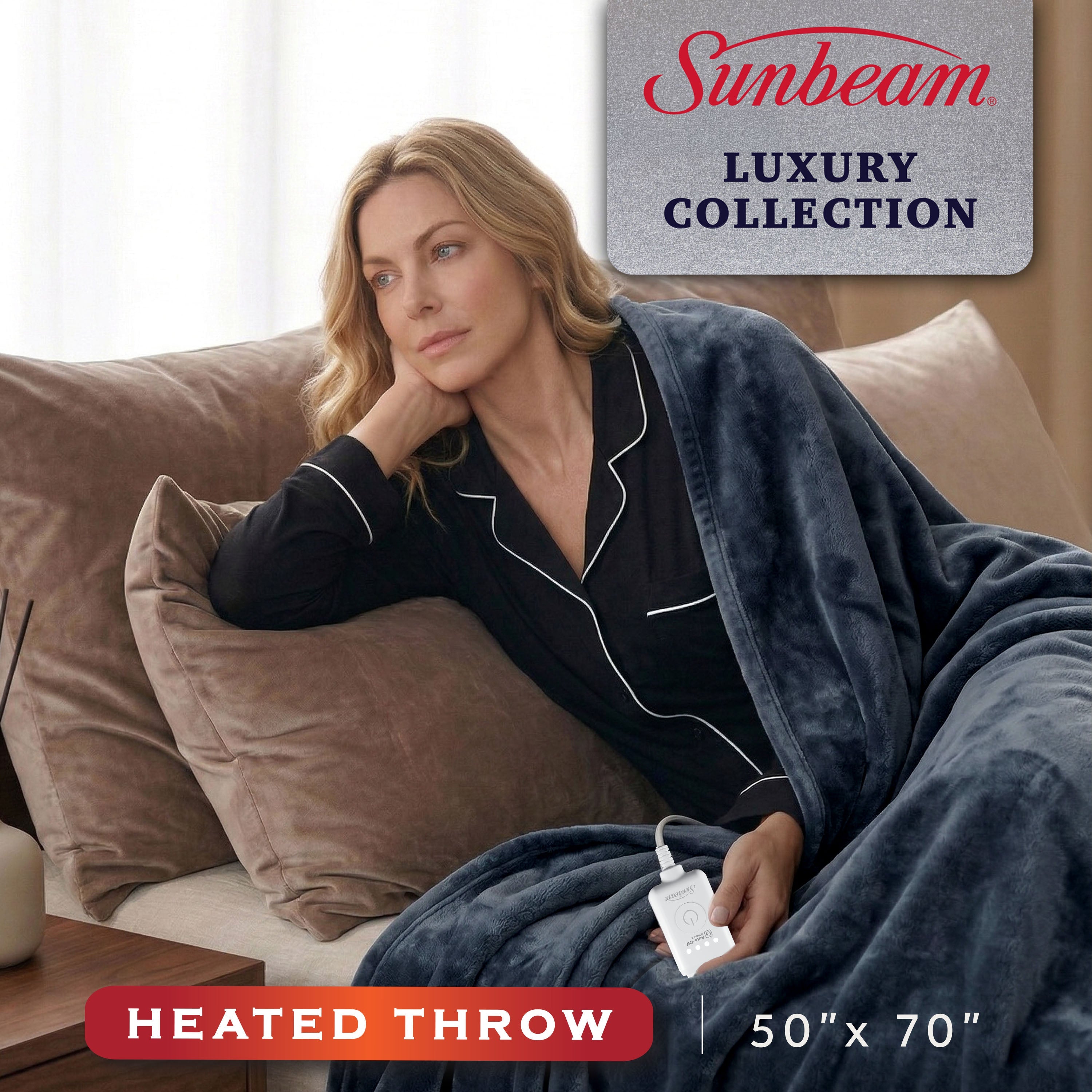 Sunbeam Heated Dark Navy Throw Luxe Plush Luxury Collection 4 Heat Settings 50x70